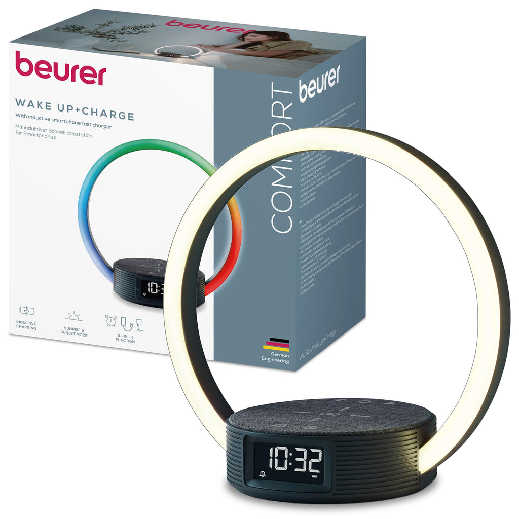 Beurer WL 65 Wake Up + Charge Lichtwecker, Nachttischlampe mit Ladefunktion für Smartphones, Wecker mit Simulation des Sonnenaufgangs für sanftes Aufwachen, dimmbares Nachtlicht mit Farbwechseloption