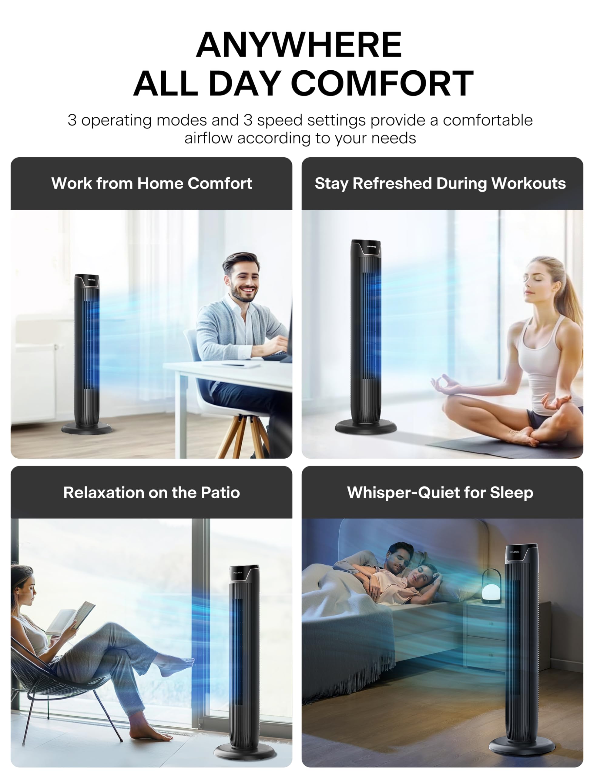 PELONIS Turmventilator mit Fernbedienung - 5 Geschwindigkeitsstufen & 4 Modi (AI/Nacht/Naturwind) 9H Timer, LED-Display mit Speicherfunktion - Energiesparender Ventilator für Büro Schlafzimmer