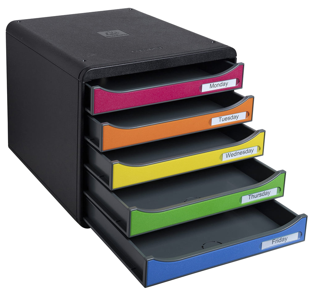Exacompta 309798D Premium Ablagebox mit 5 Schubladen für DIN A4+ Dokumente. Stapelbare Schubladenbox mit hoher Kapazität für mehr Platz auf dem Schreibtisch Big Box Iderama Schwarz|Bunt