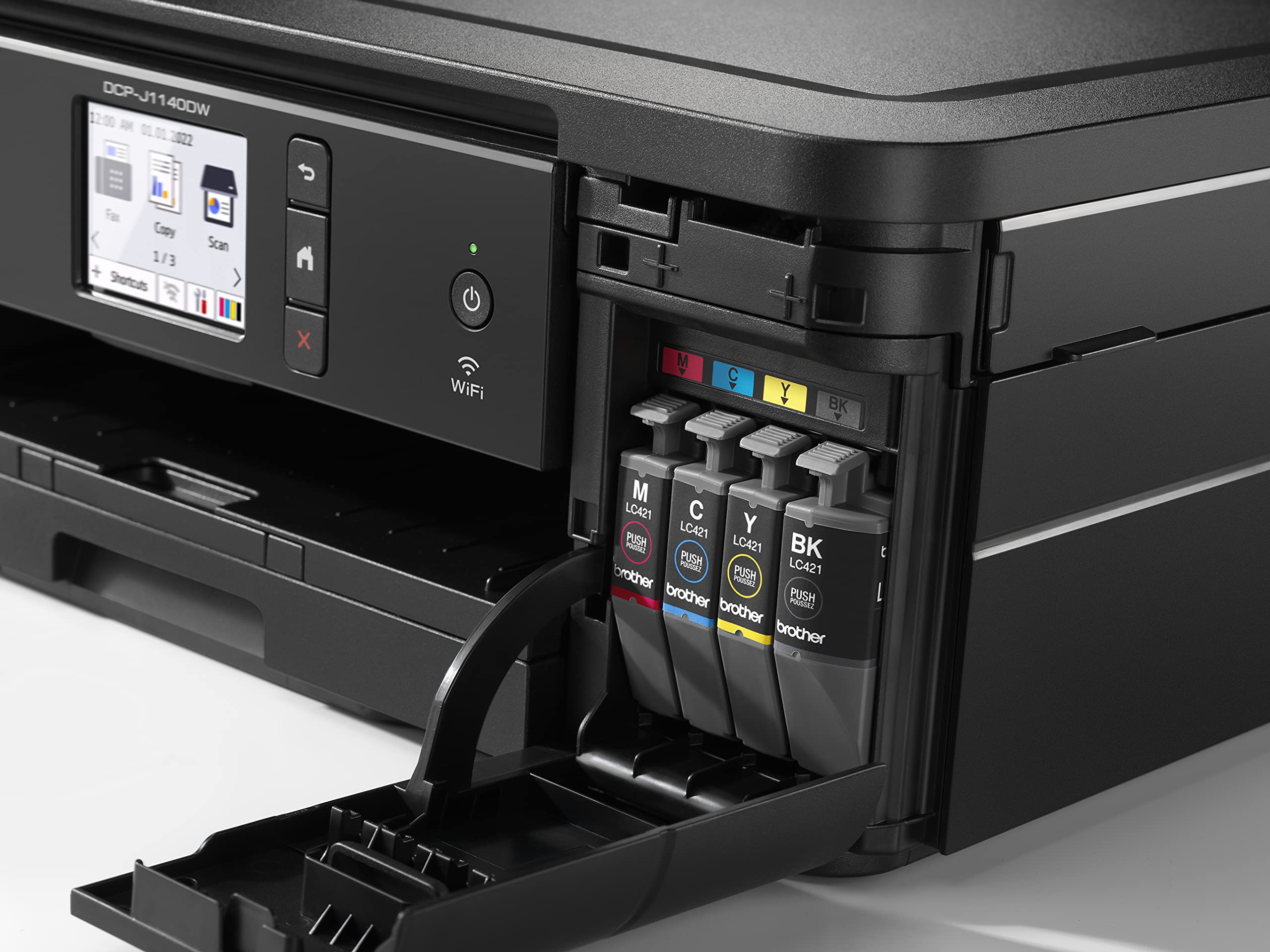 Brother DCP-J1140DW 3-in-1 Farbtintenstrahl-Multifunktionsgerät (Drucker, Scanner, Kopierer), Schwarz, 400 x 151 x 343 mm, 17/16 Seiten/Min.