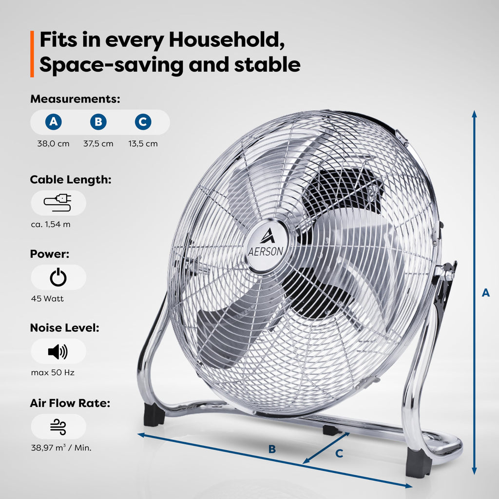 TRESKO AERSON Bodenventilator 30cm | Windmaschine mit 3-Leistungsstufen 55W | Standventilator Ventilator | hoher Luftdurchsatz | robuste Metallausführung | Neigungswinkel ca. 110 Grad