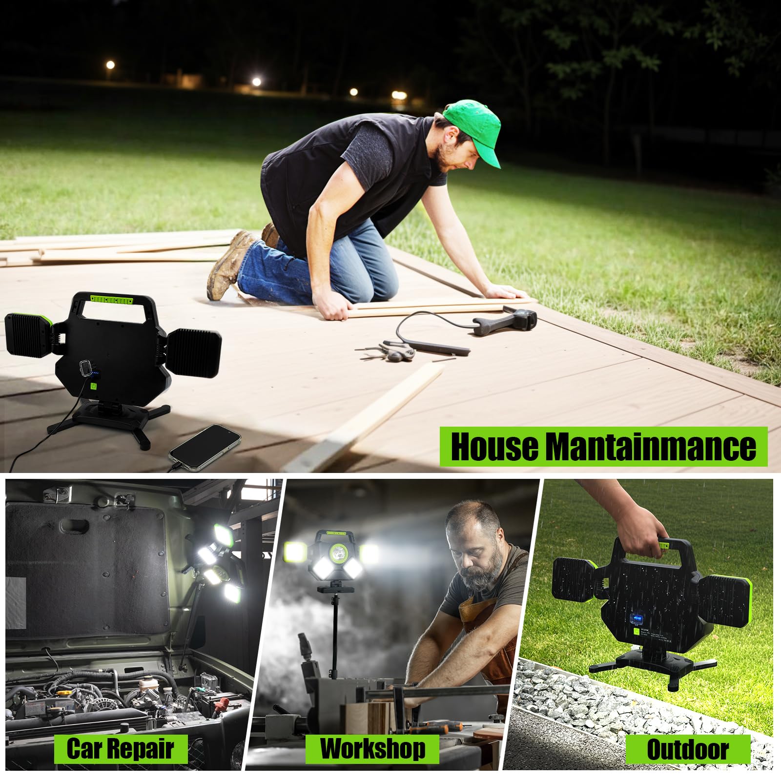 SYLSTAR LED Strahler Akku 55W, 5000LM Magnetische LED Arbeitsleuchte, Baustrahler Akku Faltbar & 360° Drehbar, 6 Modi Baustellenlampe für Werkstatt, Baustelle, Camping, Autoreparatur