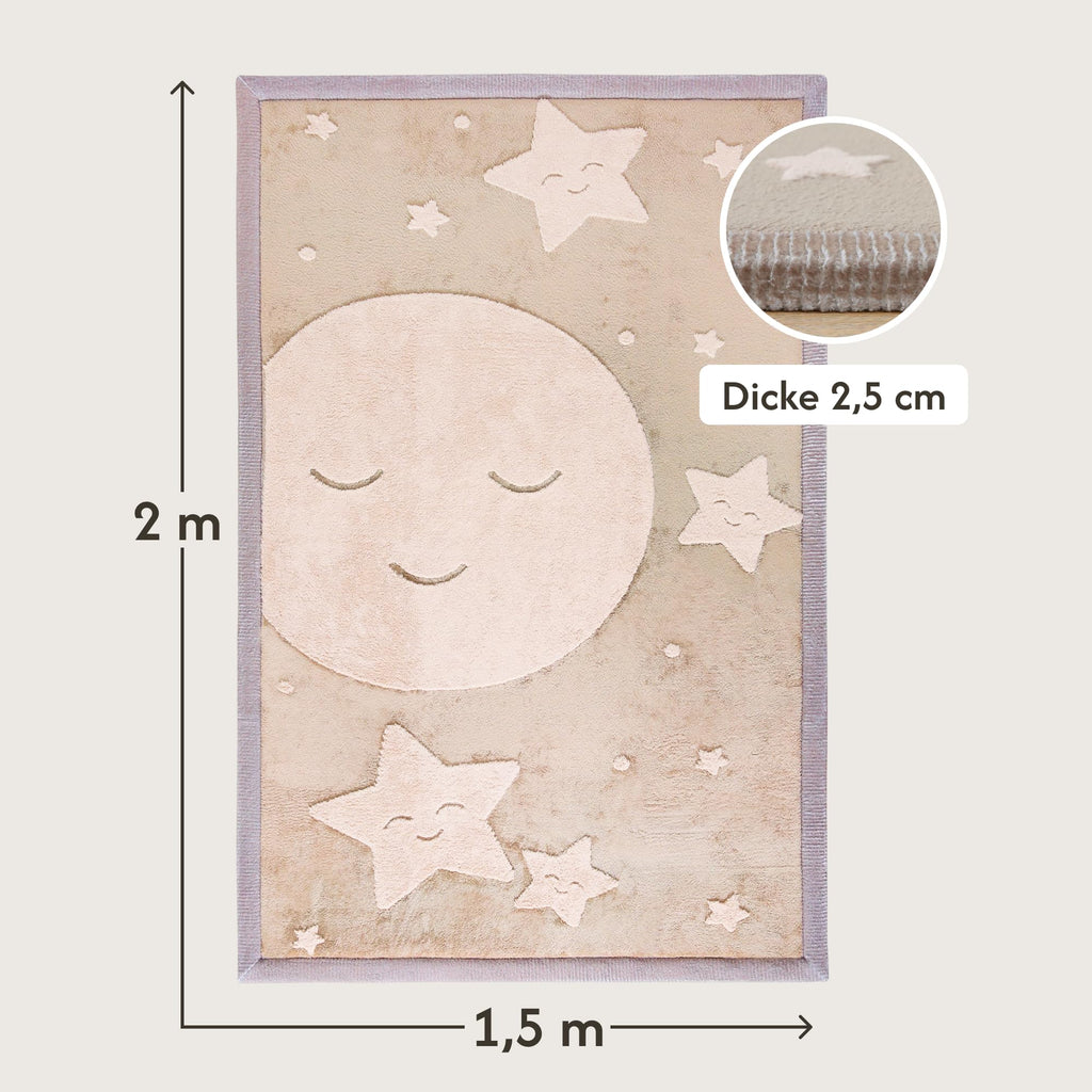 Wolkenweiche Spielmatte Baby 200x150x2,5cm, mond&Sterne – Teppich für Kinderzimmer mit hochwertigem Memory-Schaum – Krabbelmatte Baby mit Rutschfester Unterseite, Tatami Matte
