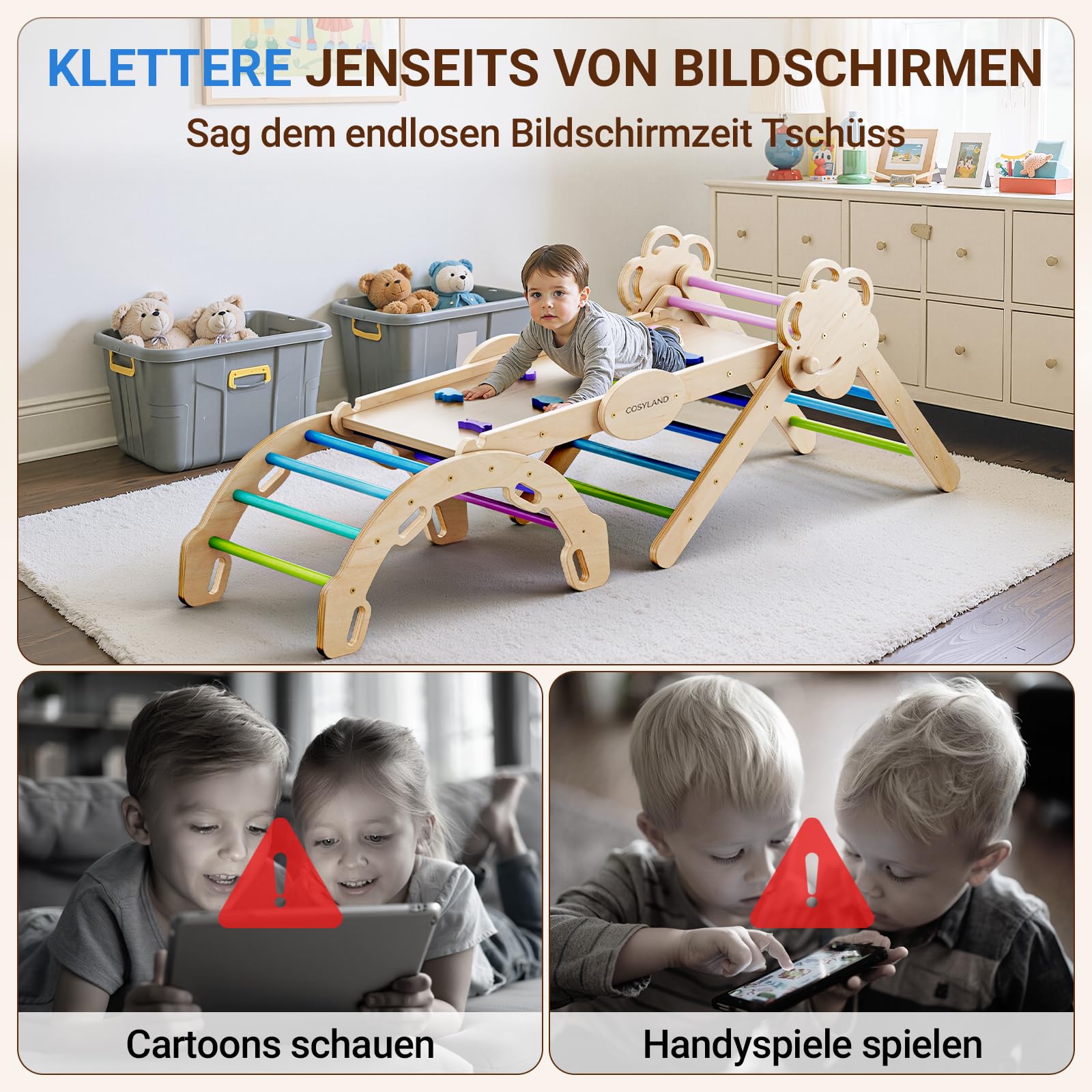 COSYLAND Klettergerüst Indoor L – Großes Kletterdreieck Set mit Kletterbogen & Rutsche – 8-in-1 Massivholz-Spielplatz für Kinder ab 18 Monaten – Kaltfarben