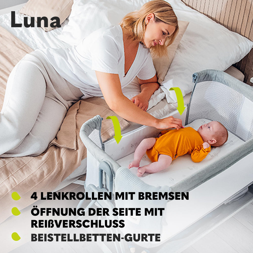 Lionelo Luna EIN tragbares Beistellbett mit Einer Matratze, reisebett, von Neugeboren bis 9 kg, in der Höhe und der Neigung verstellbar, 4 Rädern mit Bremse, Befestigung zum Elternbett (Beige)
