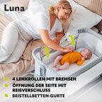 Lionelo Luna EIN tragbares Beistellbett mit Einer Matratze, reisebett, von Neugeboren bis 9 kg, in der Höhe und der Neigung verstellbar, 4 Rädern mit Bremse, Befestigung zum Elternbett (Beige)