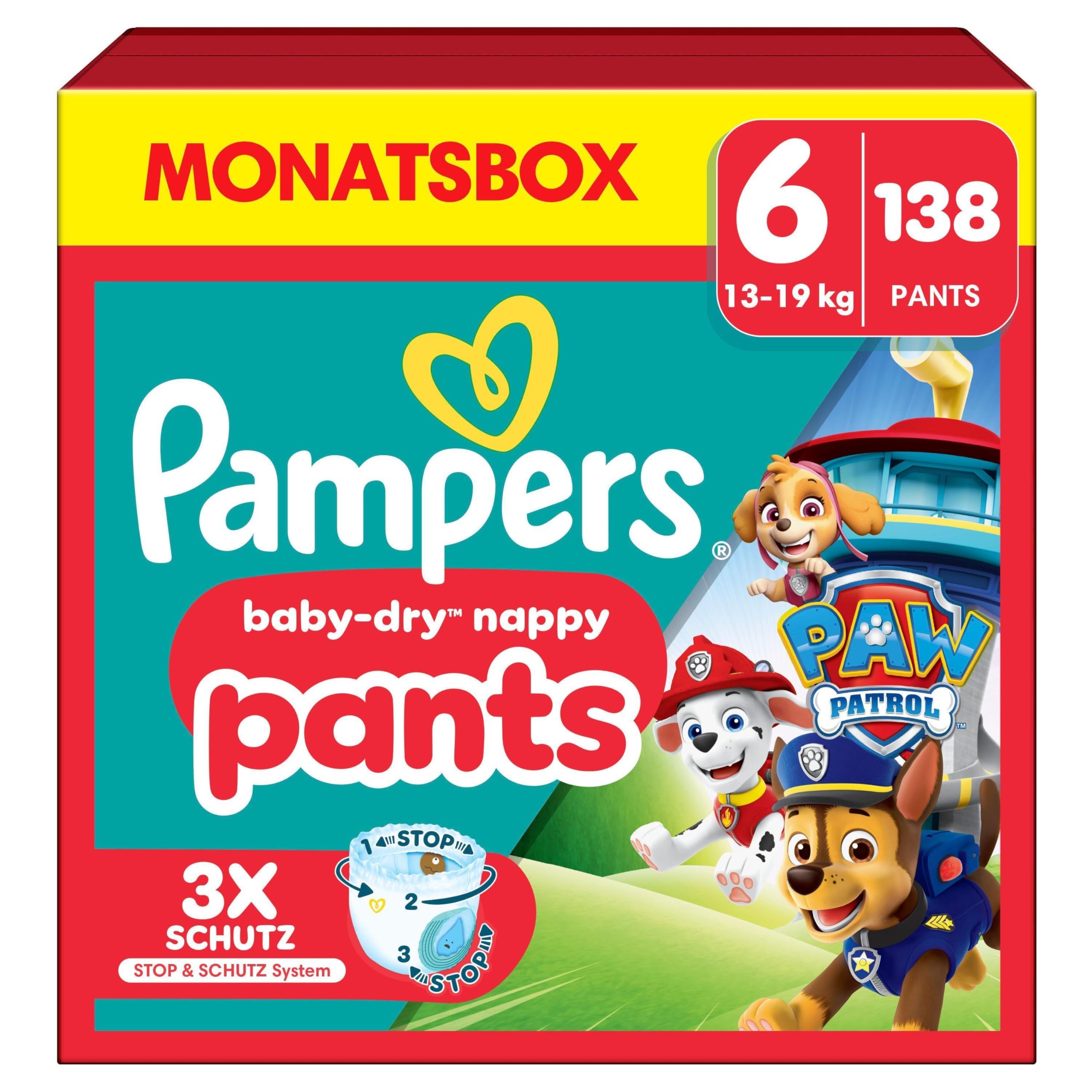 Pampers Baby-Dry Pants Paw Patrol Edition Größe 6, 138 Windeln, 13kg-19kg, 360° Passform hilft, Auslaufen zu verhindern
