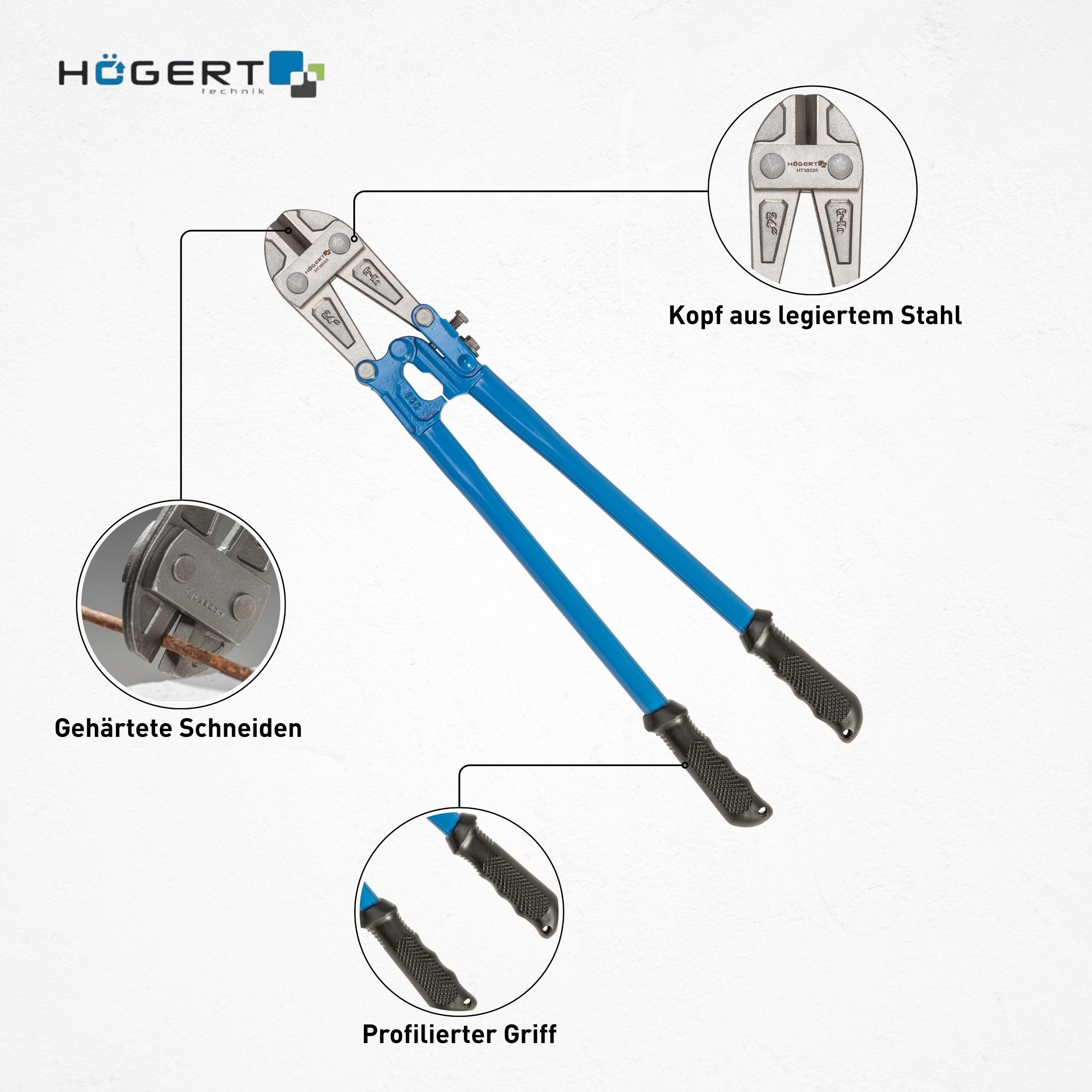 HÖGERT TECHNIK - Bolzenschneider Stangenschere 600mm - Professionelle Kompakt Bolzenschere - Extra gehärtete Schnittkanten – Hochwertiger Chrom-Molybdän-Stahl