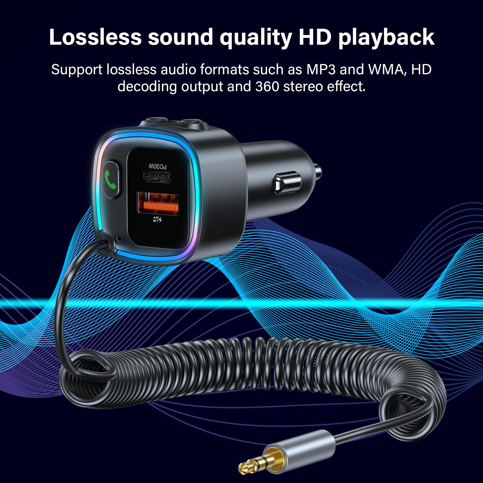 Aux Bluetooth 5.4 Adapter Auto Bluetooth Empfänger Klinke 3.5mm für Freisprechanruf und Wireless Musik Kompatibel Schnellladung AutoLadegerät 42W (PD 30W&QC 12W) HiFi-Stereo U-Disk RGB Umgebungslicht