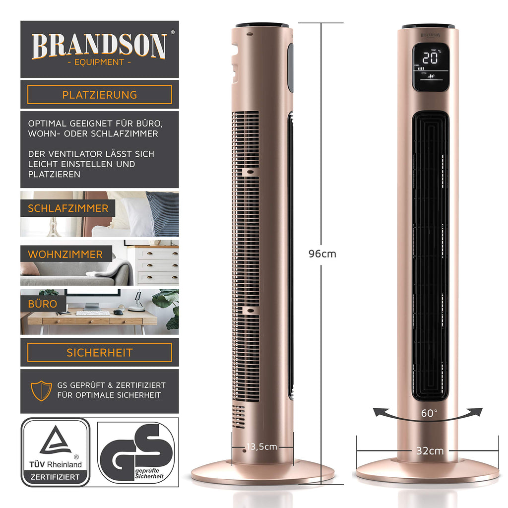 Brandson - Turmventilator mit Fernbedienung - Preisträger 2025 - Oszilation 60° - Standventilator - mobiler Lüfter - Säulenventilator - 96 cm - Ventilator 3 Geschwindigkeiten - GS - pearl-rouge