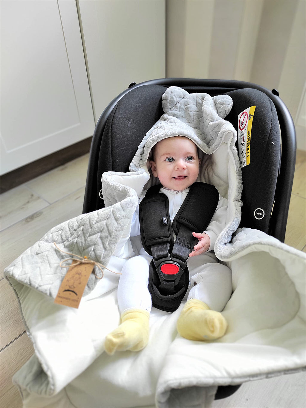 DANKA® Einschlagdecke für Babyschale, Kinderwagen, Kindersitze und Maxi Cosi - Baby Decke für Neugeborene, 80x80cm, mit Kapuze und Klettverschluss für Winter und Sommer, ganzjährig - Grau