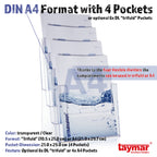 taymar 4C230 Tisch-Prospektständer, Prospektaufsteller im DIN A4 Format (4 Fächer) auf 4 Etagen inkl. Fach-Teilern für eine optionale Umrüstung auf DIN Lang (DL) - trifold mit 8 Fächern – Transparent