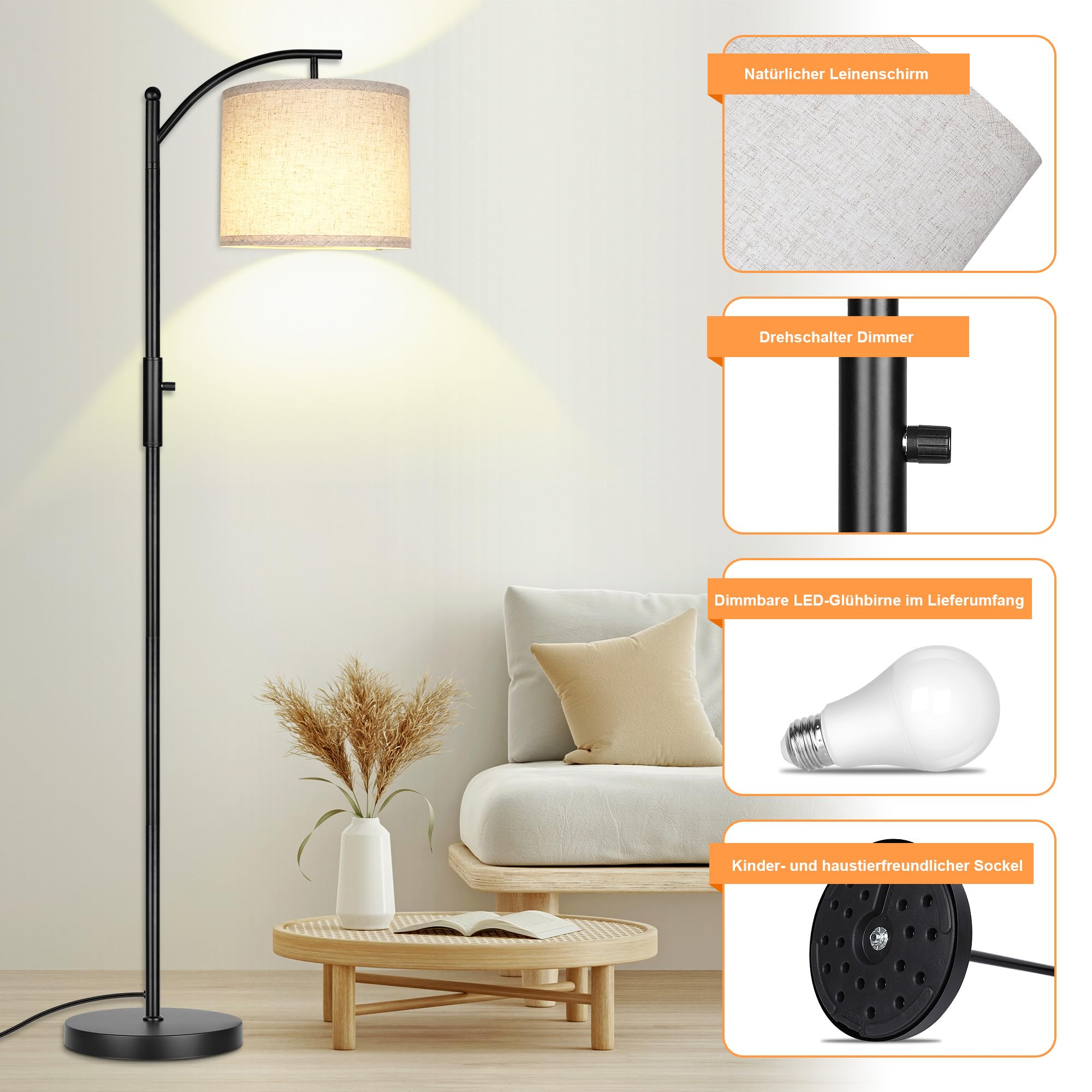 ROTTOGOON Dimmbare Stehleuchte Bogen Stehlampen für Wohnzimmer Stufenlos Dimmbare Moderne Stehlampe mit Leinenschirm Hohe Lampe für Schlafzimmer Büro Esszimmer- Schwarz