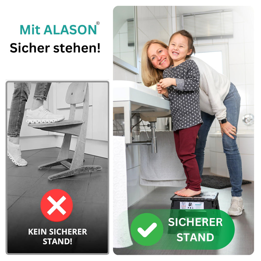 VERGLEICHSSIEGER - Alason® Tritthocker Klappbar 39cm, Belastbar bis 200kg – Mit Aufhängehaken & Aufbewahrungstasche – Platzsparender, Faltbarer Hocker in Anthrazit/Schwarz für Zuhause, Küche & Bad