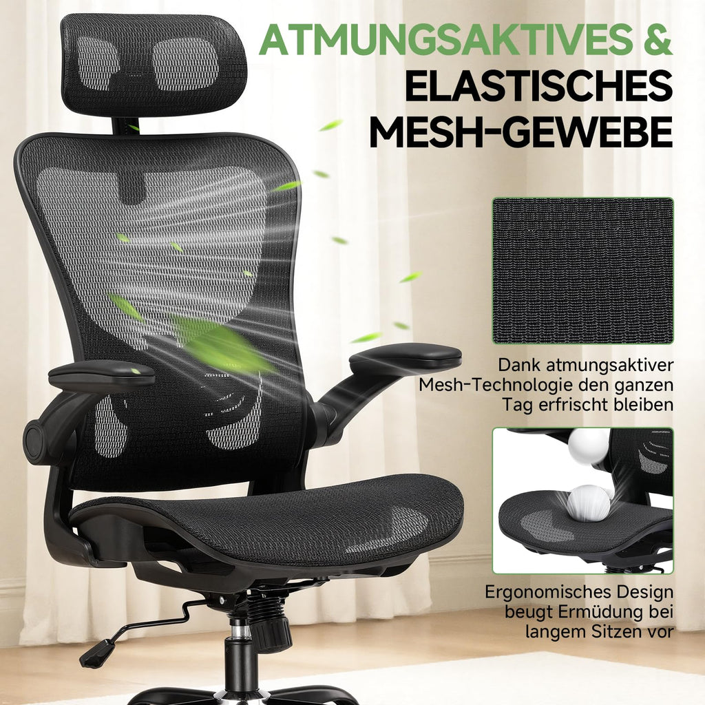 GTPLAYER Bürostuhl Ergonomisch, Schreibtischstuhl mit Verstellbarer Kopfstütze, Armlehnen, Lendenwirbelstütze, Büro Stuhl & Gaming Stuhl Wippfunktion, Chefsessel aus Mesh, 150kg(Schwarz)