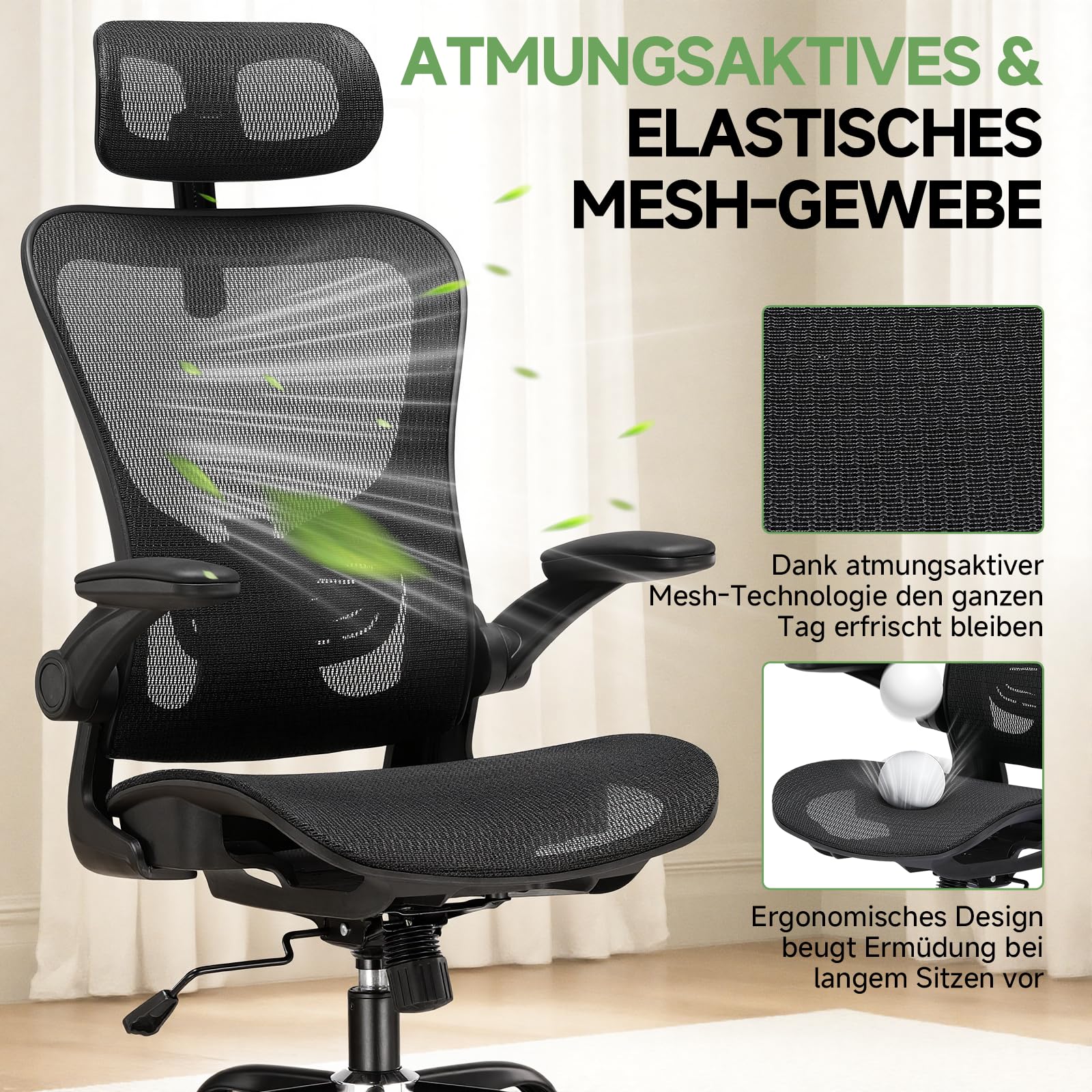 GTPLAYER Bürostuhl Ergonomisch, Schreibtischstuhl mit Verstellbarer Kopfstütze, Armlehnen, Lendenwirbelstütze, Büro Stuhl & Gaming Stuhl Wippfunktion, Chefsessel aus Mesh, 150kg(Schwarz)