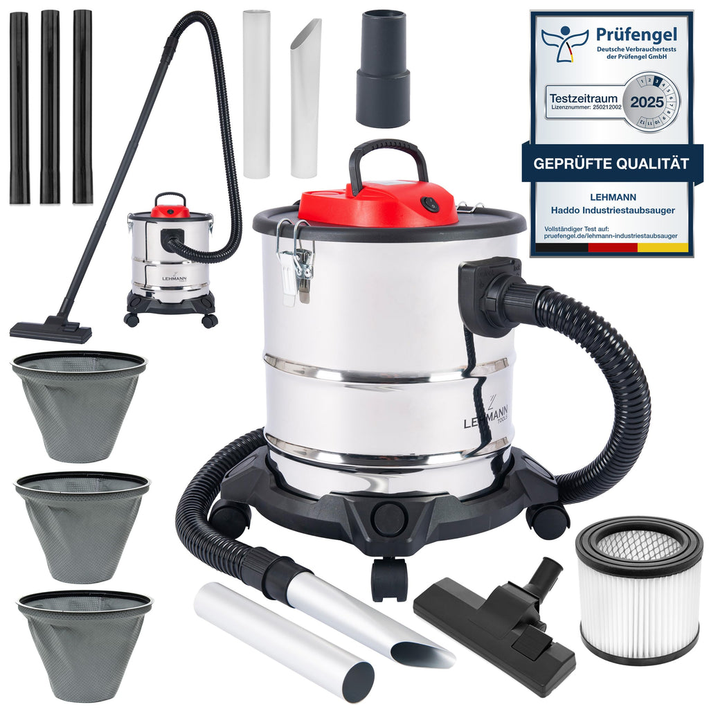LEHMANN Haddo Industriestaubsauger 2000W | Aschesauger für Kamin mit Doppelfilteranlage | Kaminsauger Ascheschlucker | Nass Trockensauger mit 20 Liter Edelstahltank, Silber