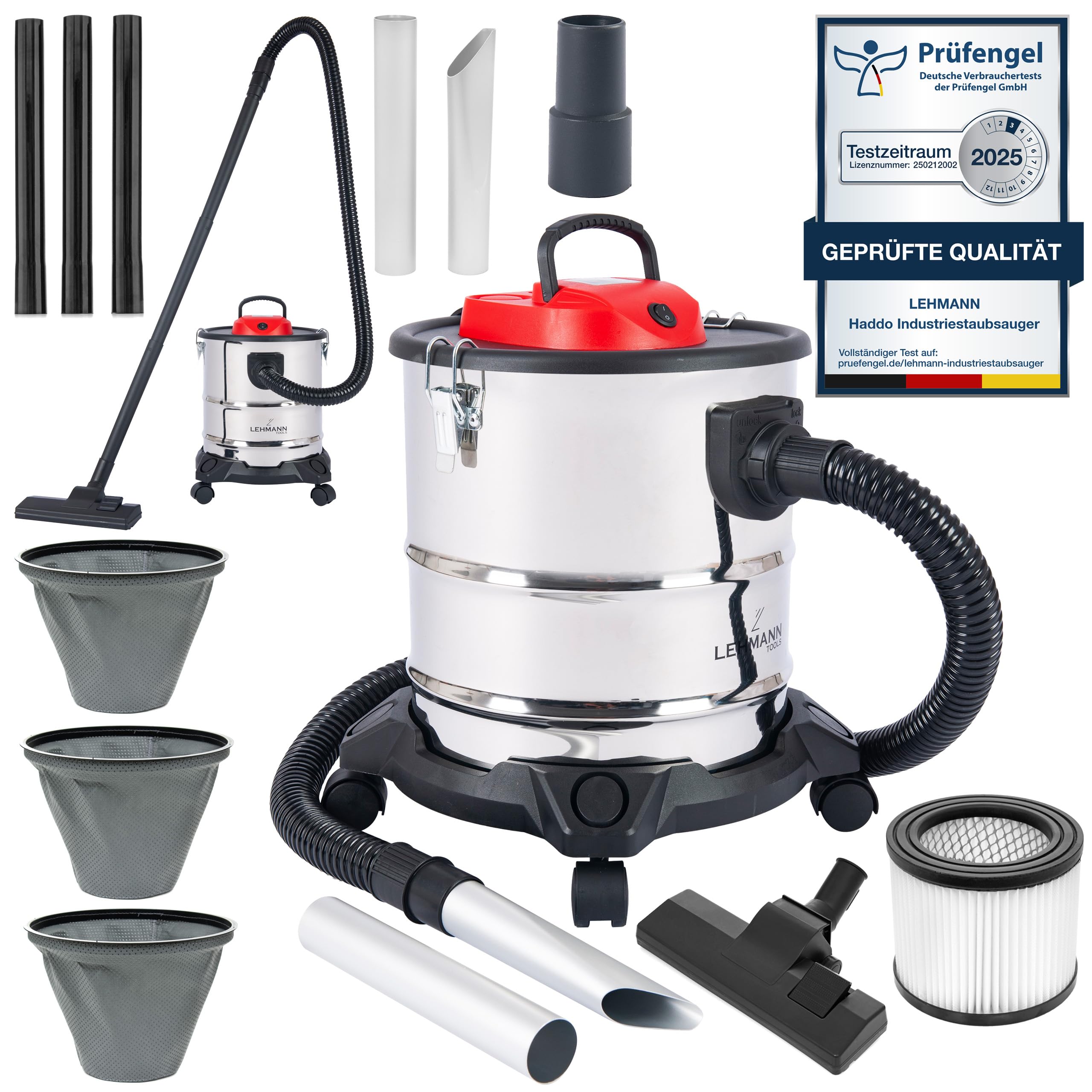 LEHMANN Haddo Industriestaubsauger 2000W | Aschesauger für Kamin mit Doppelfilteranlage | Kaminsauger Ascheschlucker | Nass Trockensauger mit 20 Liter Edelstahltank, Silber
