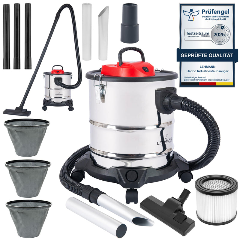 LEHMANN Haddo Industriestaubsauger 2000W | Aschesauger für Kamin mit Doppelfilteranlage | Kaminsauger Ascheschlucker | Nass Trockensauger mit 20 Liter Edelstahltank, Silber