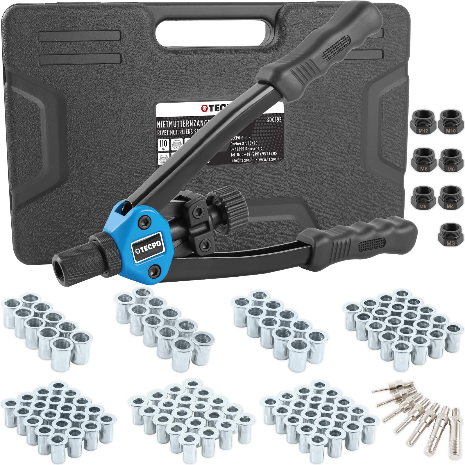 TECPO Nietmutternzange Set, 110-teilig Profi Satz Nietmuttern mit Gewinde, Nietzange, Universalschlüssel, Zugdorne und Mundstücke aus Stahl M3, M4, M5, M6, M8, M10, M12