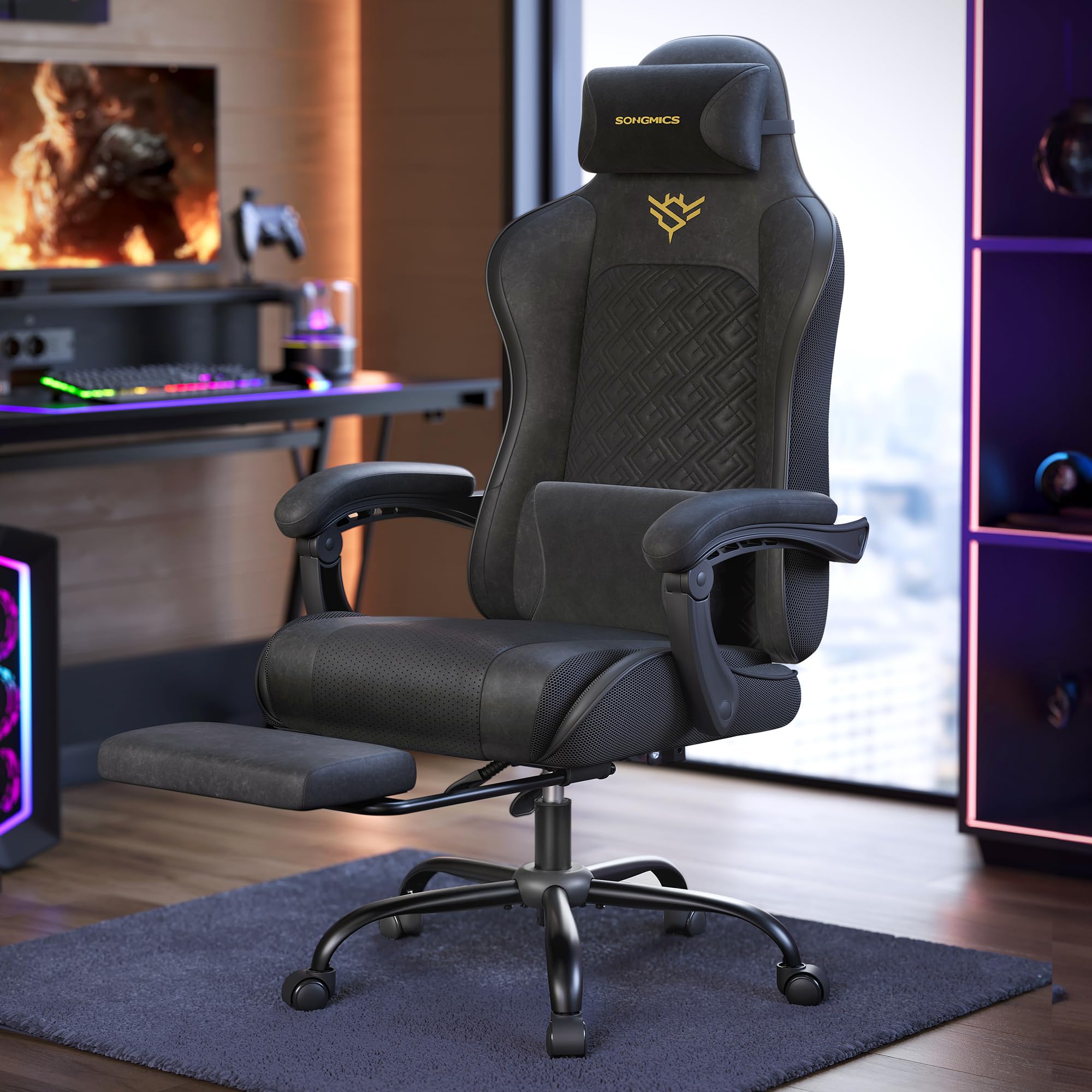 SONGMICS Gaming-Stuhl, Bürostuhl, Schreibtischstuhl, ergonomischer Gaming-Sessel, Sitzkissen mit Federn, Fußstütze, Armlehnen mit Synchronmechanik, tintenschwarz OBG079B01