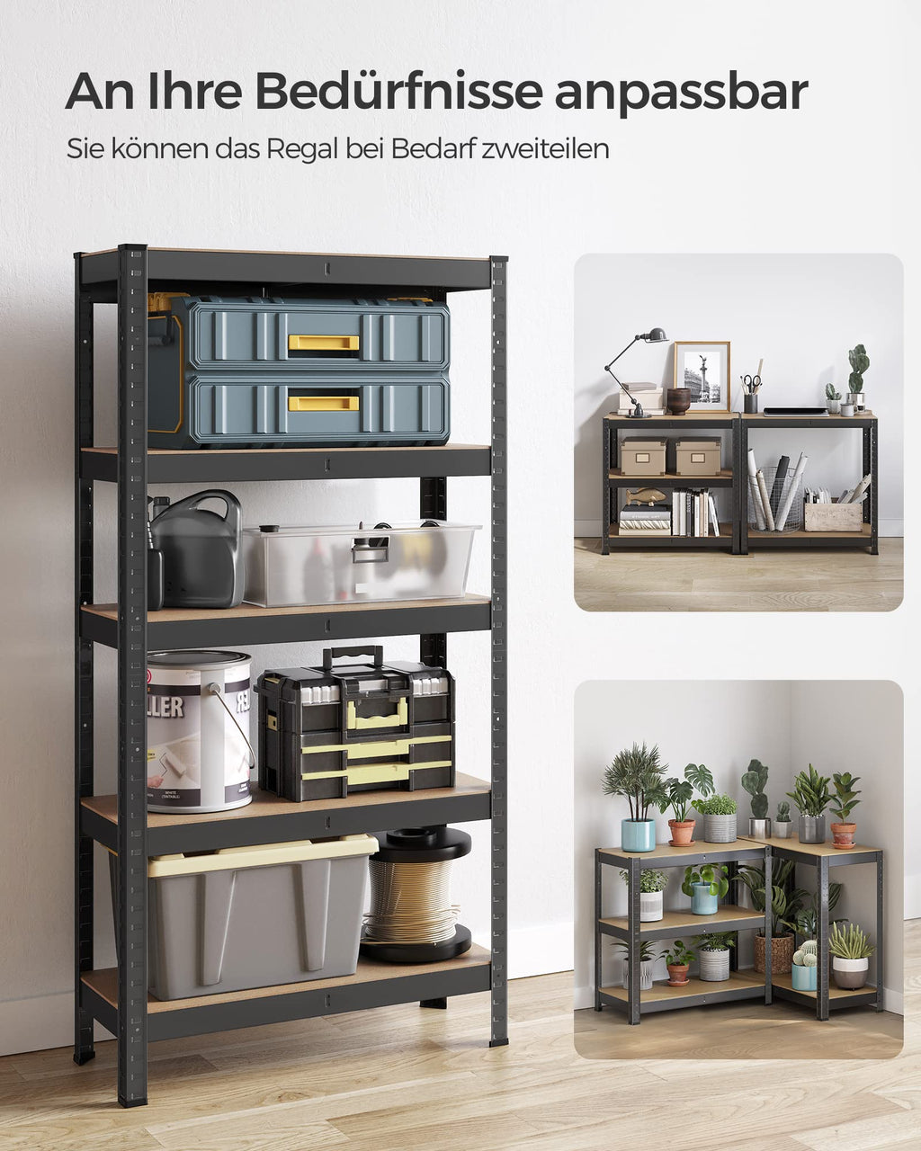 SONGMICS Schwerlastregal, Kellerregal, Lagerregal, 30 x 75 x 150 cm, Regal mit Stahlgestell, bis 650 kg belastbar, 5 verstellbare Ablagen, schwarz GLR030B21