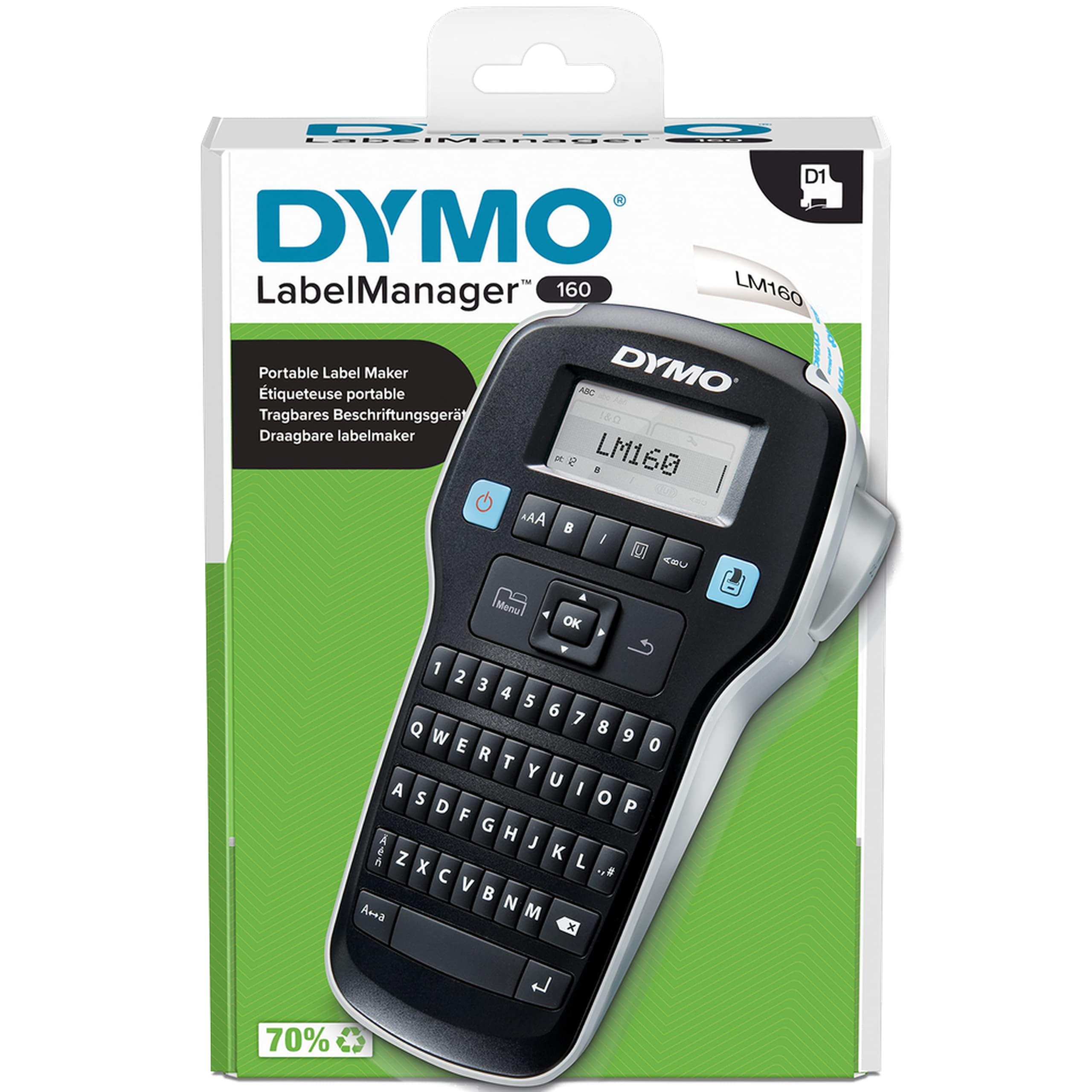 DYMO LabelManager 160 Etikettendrucker | Handetikettendrucker mit QWERTY-Tastatur | inklusive schwarz-weißem D1-Etikettenband (12 mm) | für Zuhause und Büro