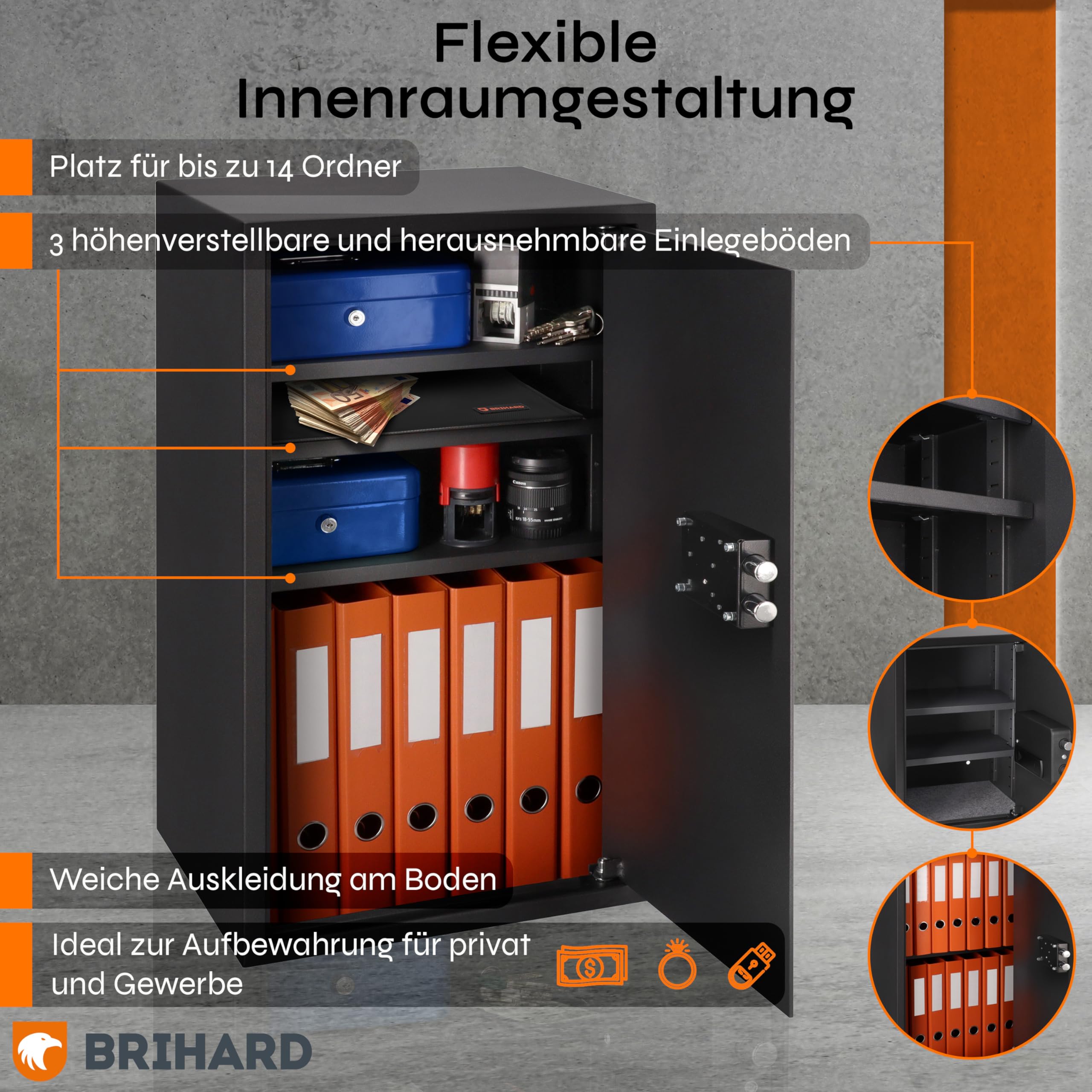 Brihard Business XXL Tresor mit Schlüssel 73x40x36cm & Feuerfeste Dokumententasche A4, 102L Großer Stahl Safe für Zuhause oder Büro mit 3 Höhenverstellbaren Ablagen, für Laptop, Geld & A4 Dokumente