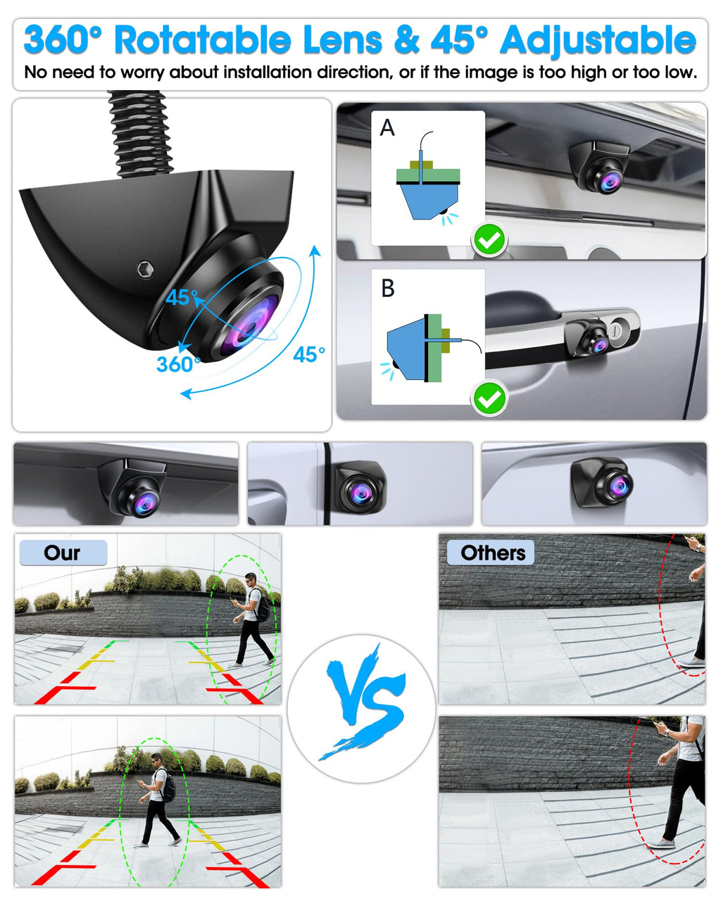 AHD 1080P Rückfahrkamera Auto Rückfahrkamera mit 360°+45° Einstellbares Objektiv Kabel Rückfahrkameras 170° Weitwinkel Universal NTSC Rückkamera Unterstützt 12–24V Frontkamera Auto für Vans LKW