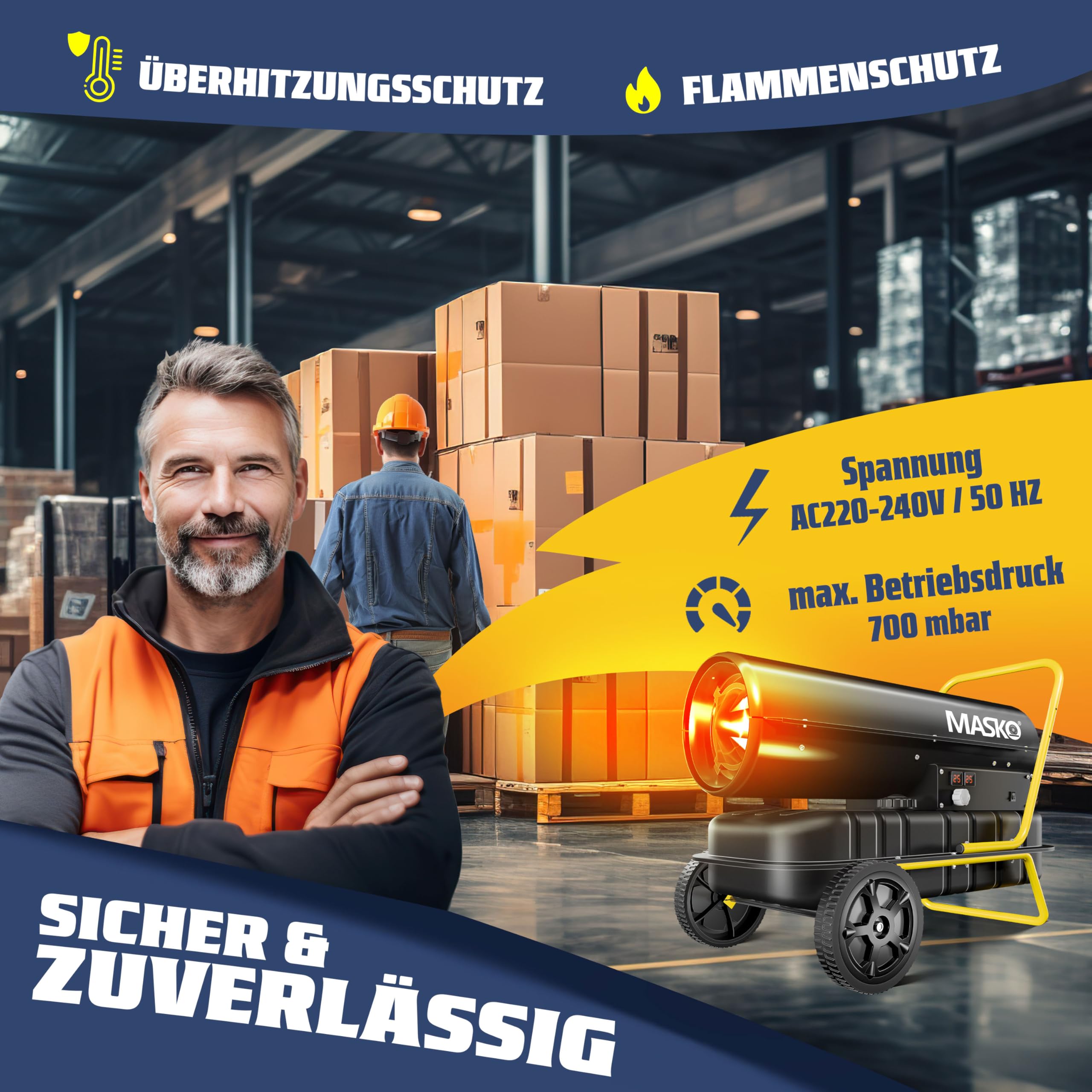 MASKO® Heizkanone 30kW Diesel Bautrockner Bauheizer Heißluftgenerator Heizgebläse 38L Tank mit Thermostat Ölheizer Luftstrom 750m³/h/Stunde Ölbeheizung Heizlüfter Heizstrahler Schwarz