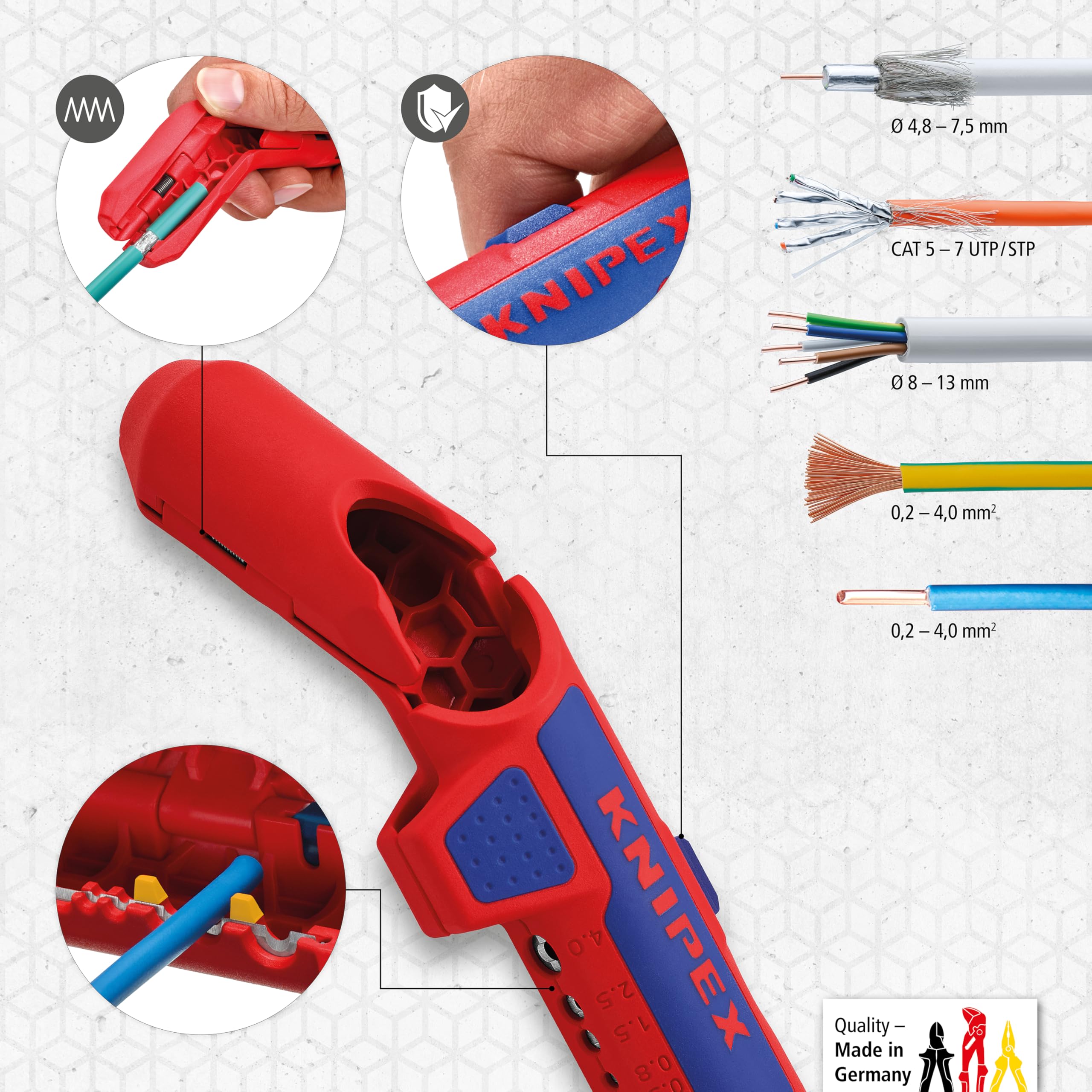 KNIPEX ErgoStrip Universal-Abmantelungswerkzeug für Rechtshänder, 135 mm, NYM-Kabel, Rundkabel, Koaxialkabel, Datenkabel, Abisolierer, 16 95 01 SB