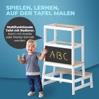 Spielwerk® Lernturm ab 2 Jahren Kinder mit Tafel Montessori 93cm Hoch Learning Tower 100kg Belastbar Trittschemel Kiefer Lernstuhl Küche Weiß Holz