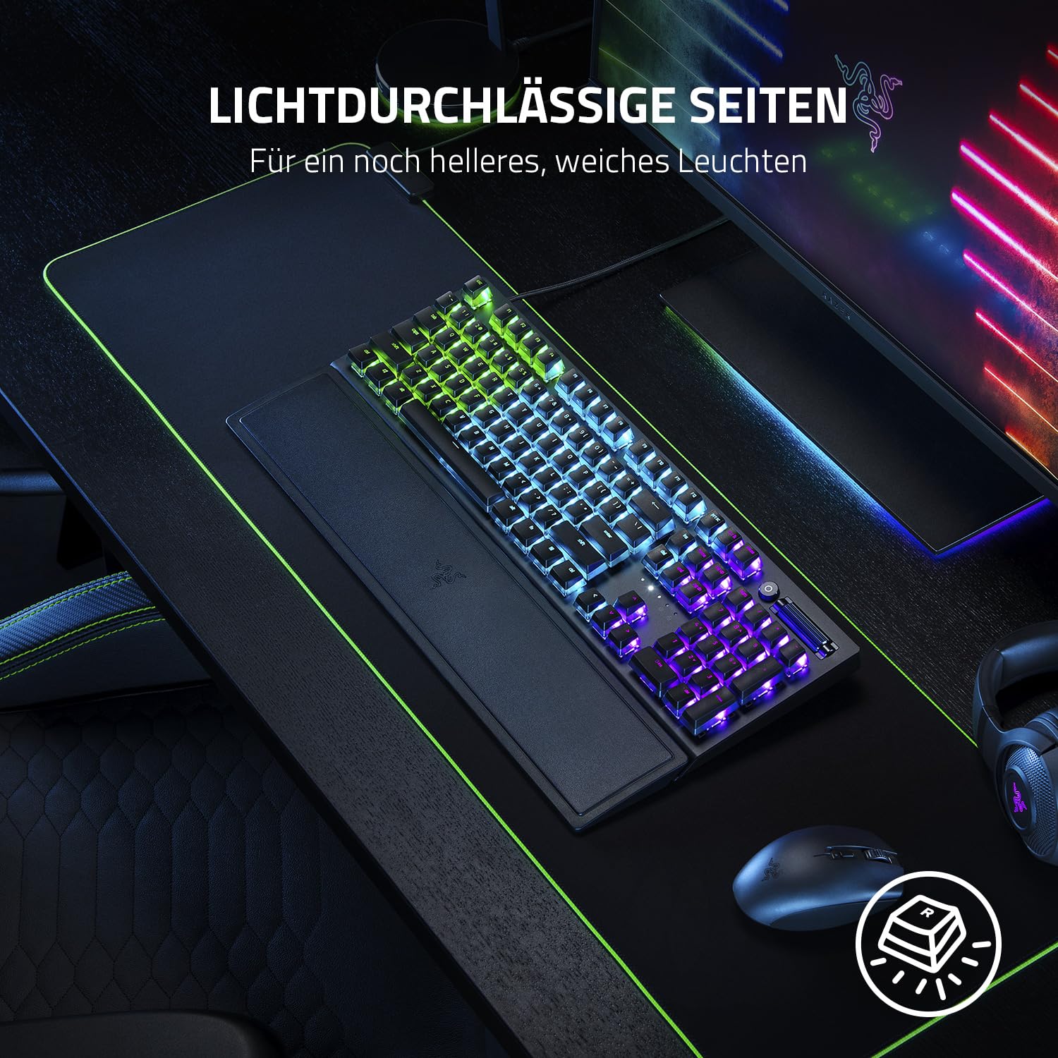 Razer Phantom Tastenkappen-Set - Hintergrundbeleuchtungskompatibel Tasten für Razer Tastaturen (für Switches mit kreuzförmiger Achse, ABS-Material, 128 Keycaps) QWERTZ DE-Tasten | Schwarz
