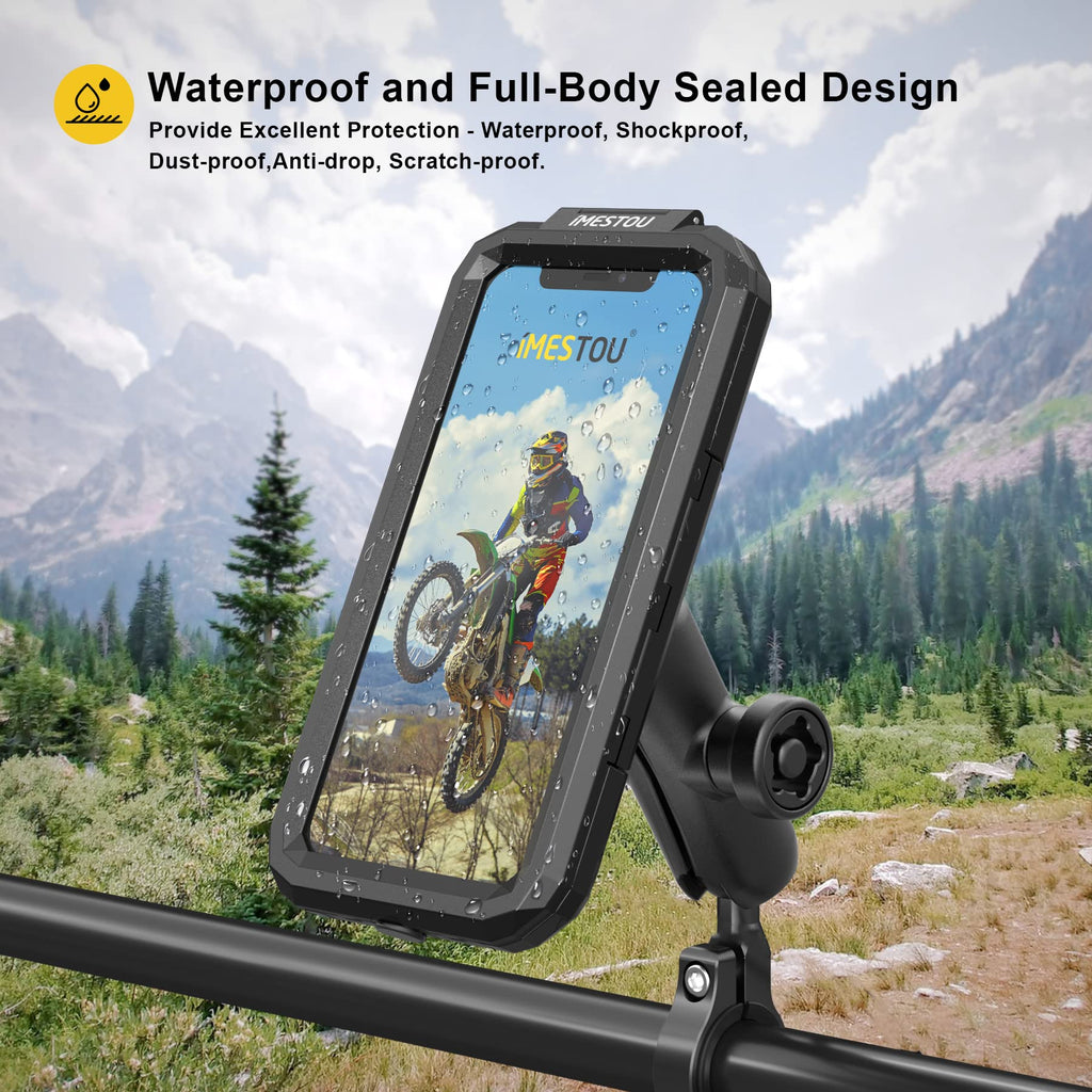 iMESTOU wasserdichte IP67 Motorrad Telefonhalterung, Fahrradhalterung mit 2,5 cm (1 Zoll) Doppelkugelsockel-Armen (S– für 3,5-6,1 Zoll Handys)