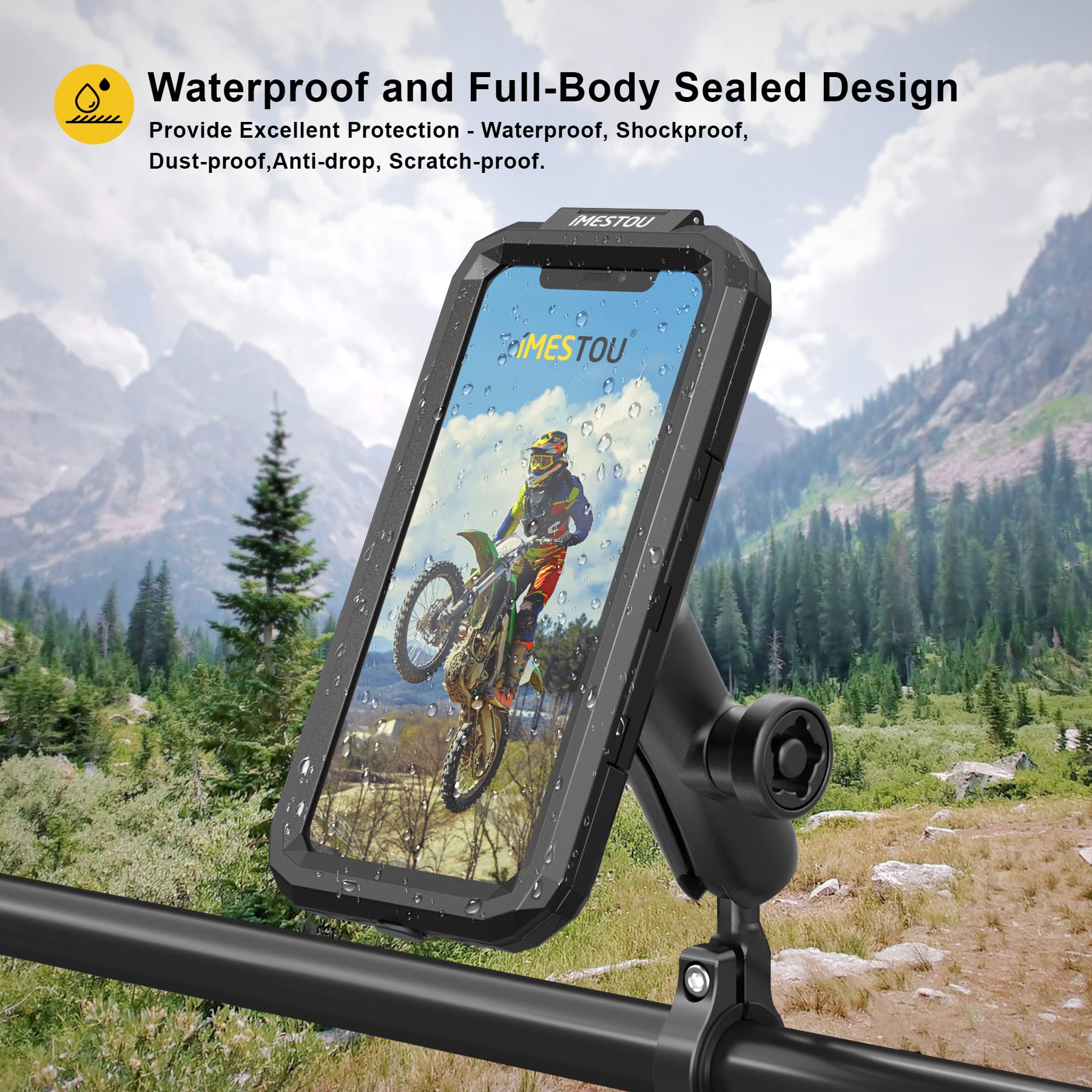 iMESTOU wasserdichte IP67 Motorrad Telefonhalterung, Fahrradhalterung mit 2,5 cm (1 Zoll) Doppelkugelsockel-Armen (S– für 3,5-6,1 Zoll Handys)