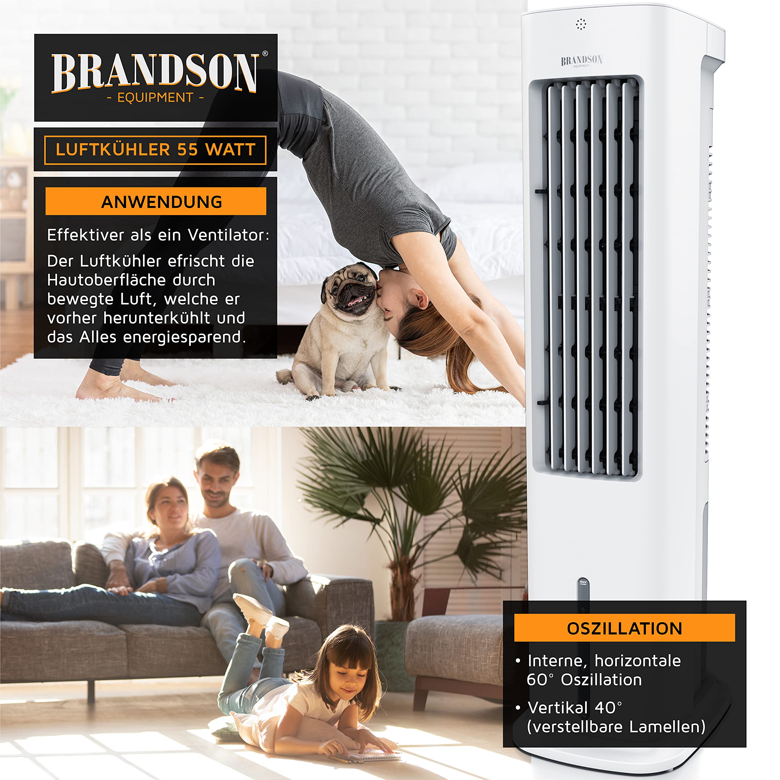 Brandson - Luftkühler mit Wasserkühlung - 5-in-1 - Verdunstungskühler, Luftbefeuchter, Ventilator & Luftreiniger, mobile Klimaanlage ohne Abluftschlauch - Preisträger 2025 - leise - 5L Wassertank