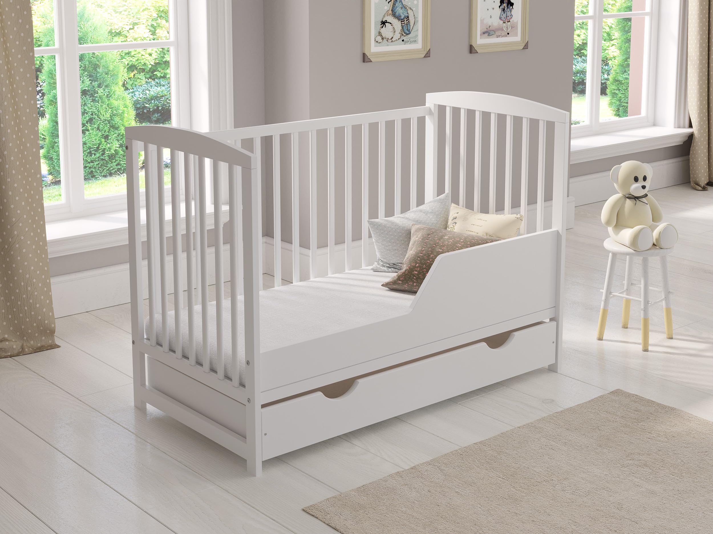 Love For Sleep Babybett Beistellbett 120x60cm mit Schaumstoffmatratze Weiß Jacob Kinderbett Baby Bett Holz - Kinderbett Babybett, Mitwachsend Gitterbett Baby Bed