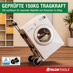 ATHLON TOOLS Schwerlast-Sackkarre klappbar 150 kg TÜV geprüft – Aluminium, große kugelgelagerte Räder mit Soft-Laufflächen, 2 Expanderseile