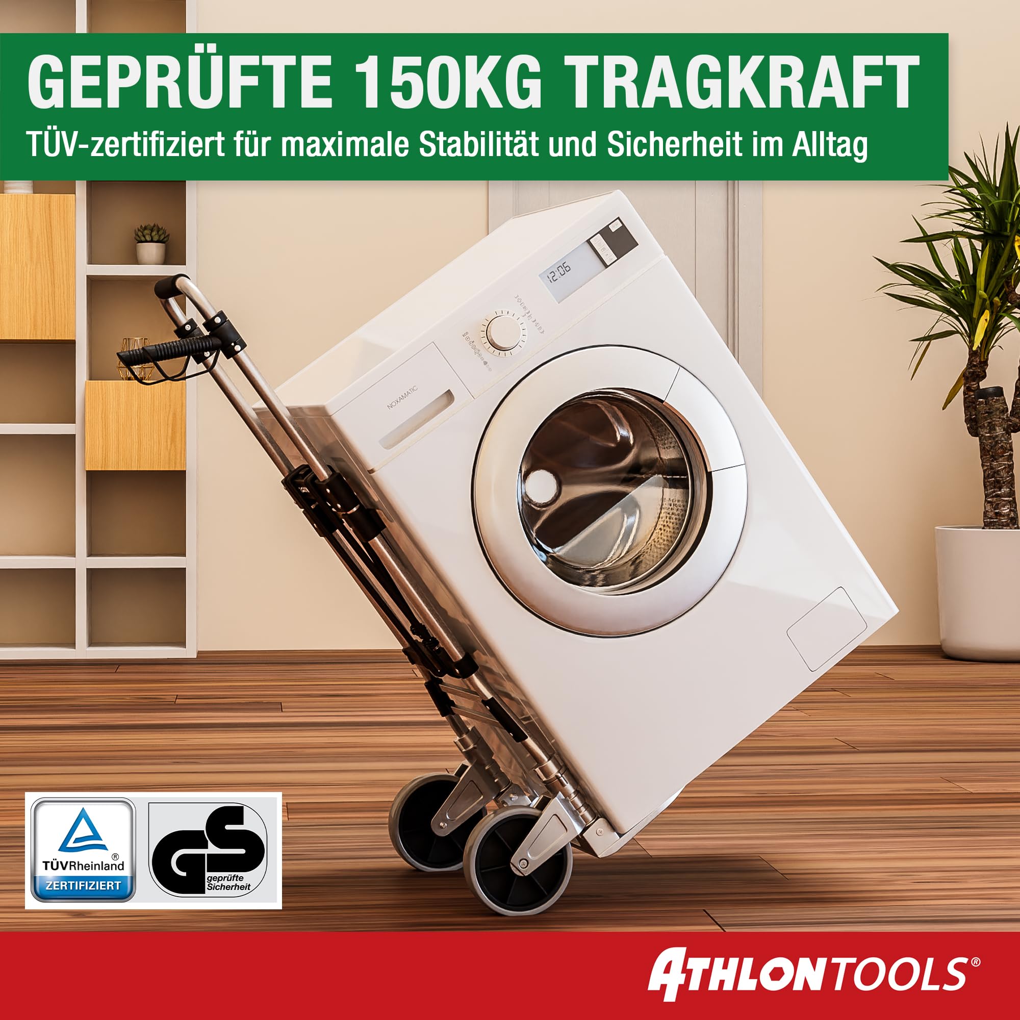 ATHLON TOOLS Schwerlast-Sackkarre klappbar 150 kg TÜV geprüft – Aluminium, große kugelgelagerte Räder mit Soft-Laufflächen, 2 Expanderseile