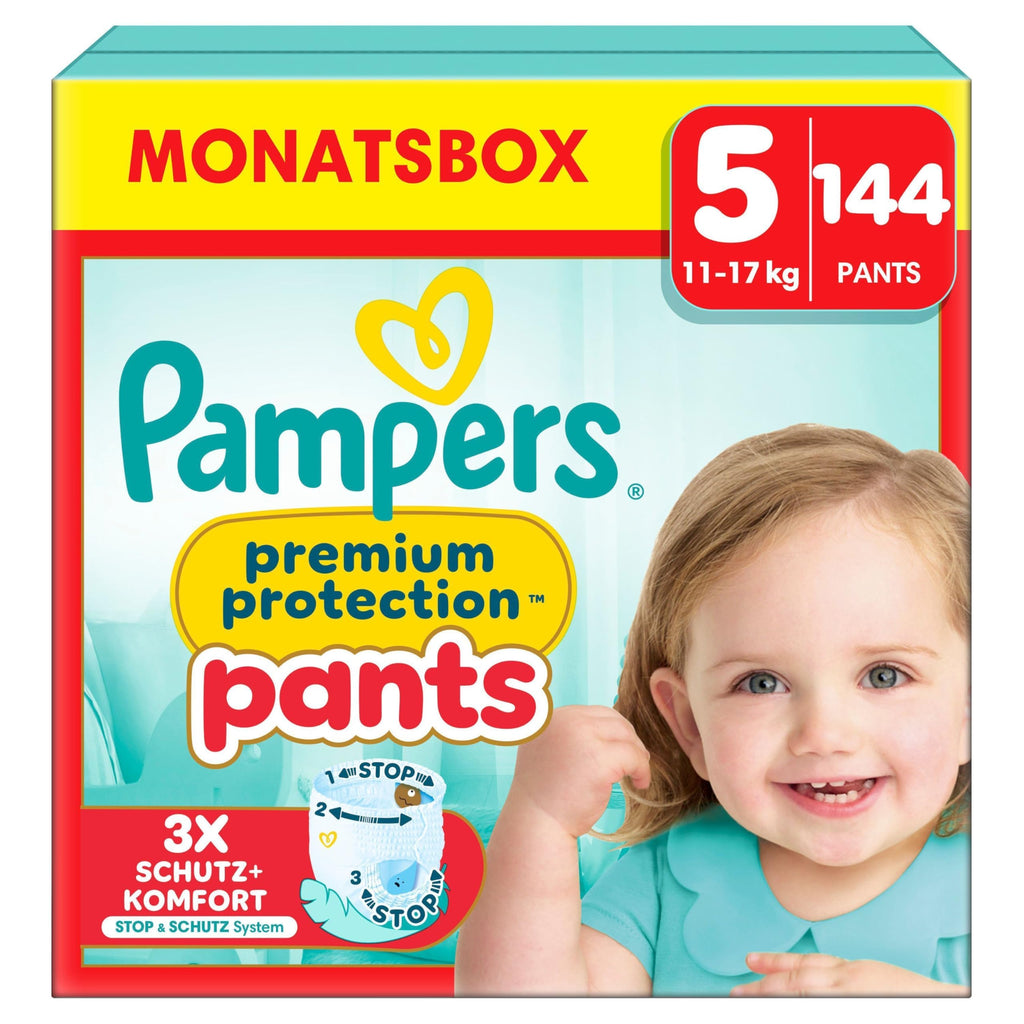 Pampers Premium Protection Pants Größe 5, 144 Windeln, 11kg-17kg, Mit 360° Passform und 2x breiteren Bündchen als vorher für unseren besten Komfort & Schutz