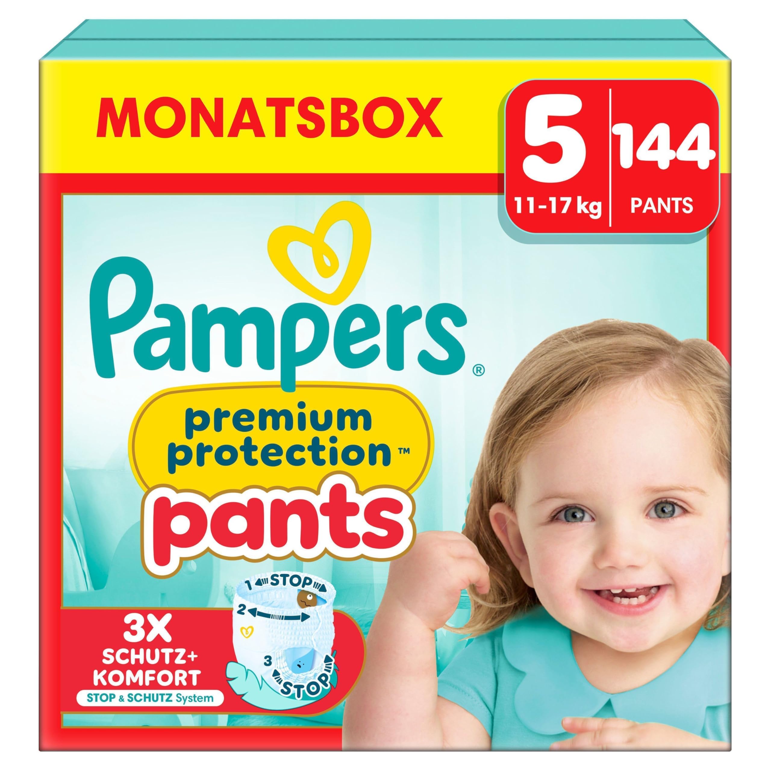 Pampers Premium Protection Pants Größe 5, 144 Windeln, 11kg-17kg, Mit 360° Passform und 2x breiteren Bündchen als vorher für unseren besten Komfort & Schutz