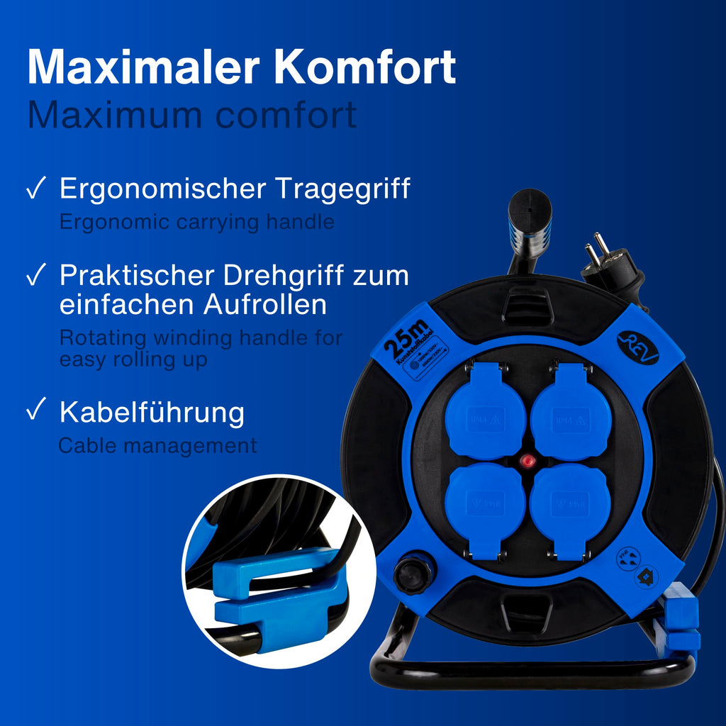 REV Kabeltrommel, IP44, Outdoor, 4 Schutzkontaktsteckdosen, 25m, schwarz