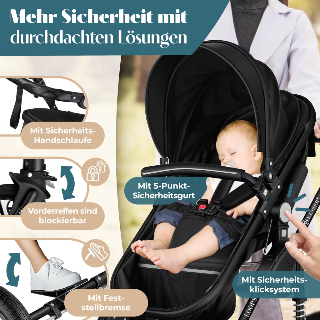 KESSER® Loops 4 in 1 Kinderwagen Kombikinderwagen Komplett-Set inkl. Babywanne & Buggy Sportsitz & Auto-Babyschale Voll-Gummireifen Wickeltasche Regenschutz Kindertisch ECE R129, Schwarz/Schwarz