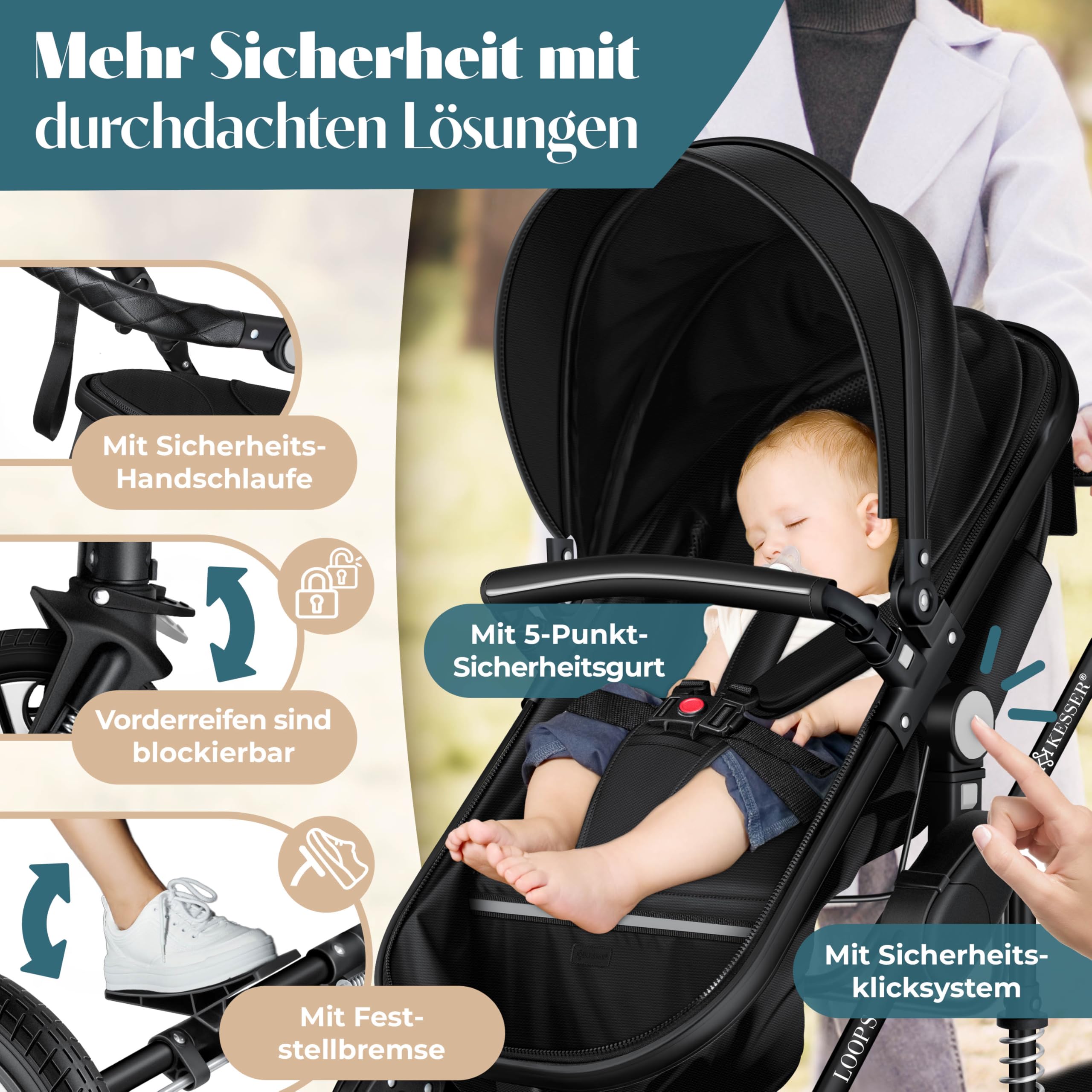 KESSER® Loops 4 in 1 Kinderwagen Kombikinderwagen Komplett-Set inkl. Babywanne & Buggy Sportsitz & Auto-Babyschale Voll-Gummireifen Wickeltasche Regenschutz Kindertisch ECE R129, Schwarz/Schwarz