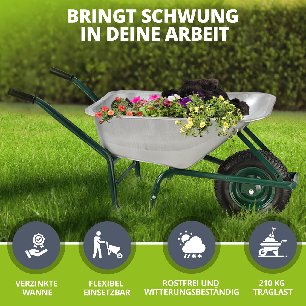 Juskys Schubkarre 100L, 210 kg – mit verzinkter Wanne, Luftreifen & Metall Felge, stabile Garten Schubkarre & Schiebkarre – Transportkarre Garden Silber