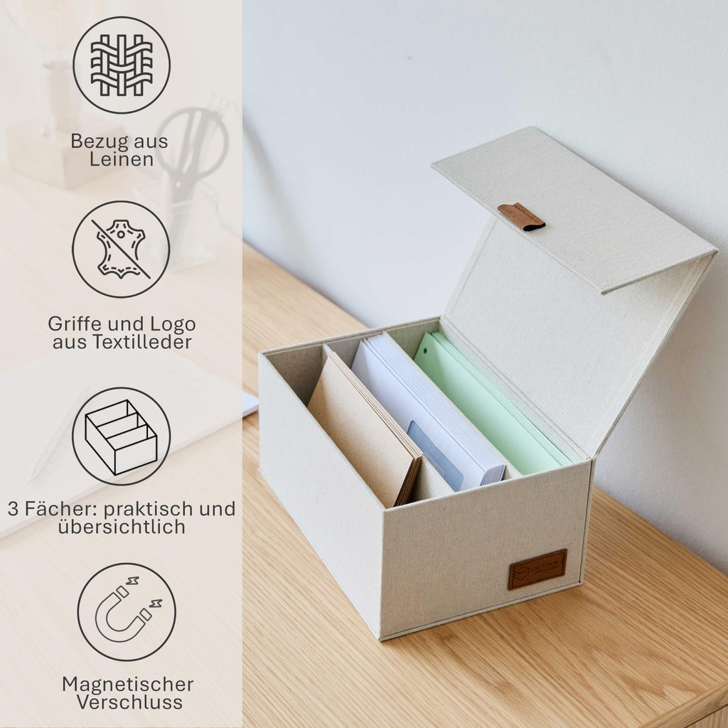 LOVE IT STORE IT Premium Aufbewahrungsbox mit Deckel - Fotobox mit 3 Fächern - Leinen Stoff - Klappdeckel - Magnetischer Verschluss - Beige - 23x18x12 cm