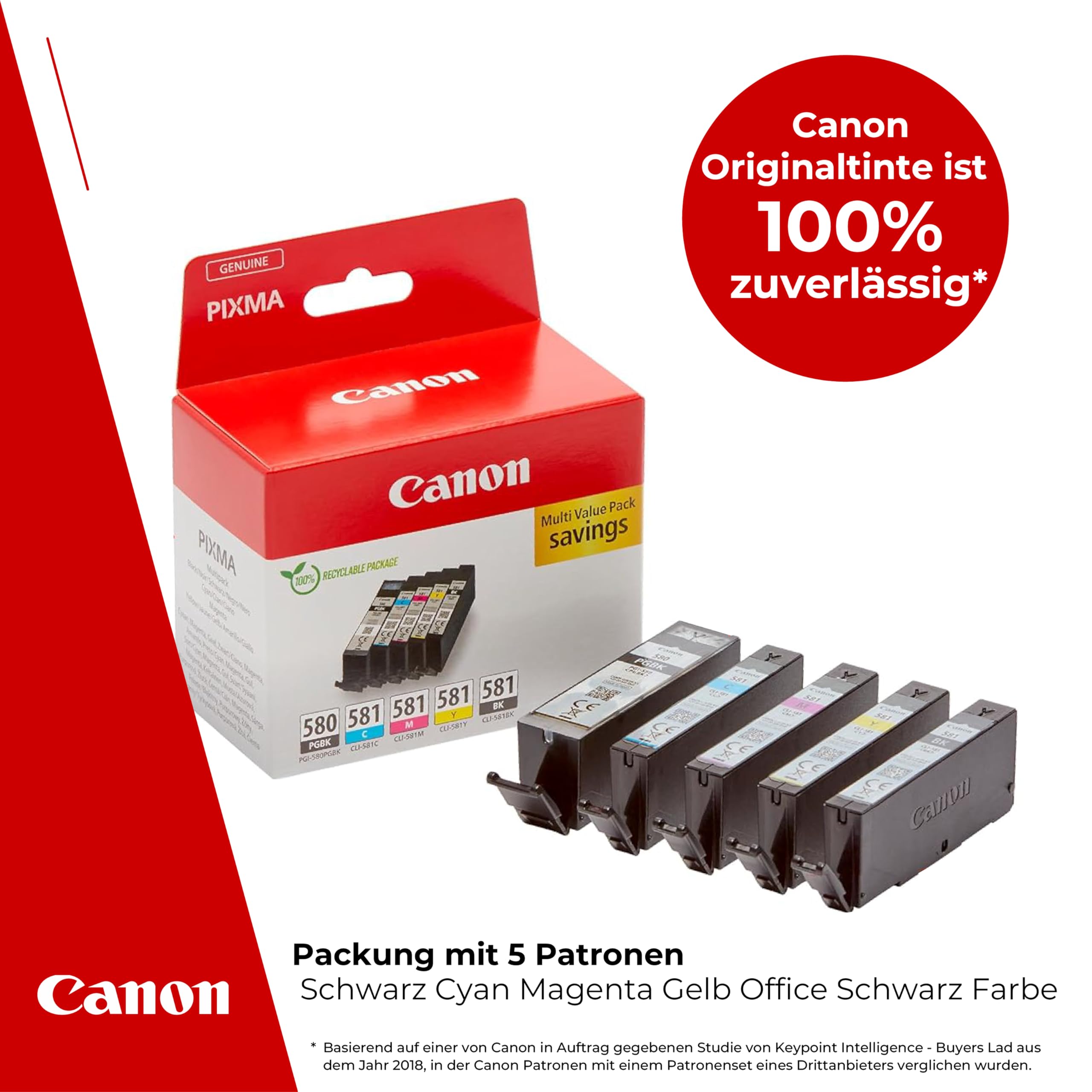 Canon Tinten-Multipack - PGI-580/CLI-581 Original Drucker Tintenpatronen 5er-Pack (1 x Schwarz, 1 x Cyan, 1 x Magenta, 1 x Gelb & 1 x Schwarz druckerpatronen)
