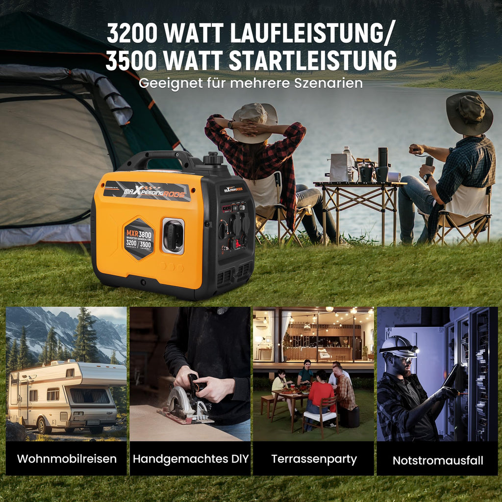 maXpeedingrods Inverter Stromerzeuger 3500W Superleise, Leicht und Mobil Benzin Notstromaggregat Stromgenerator, ECO-Modus mit 2x 230V / 2x USB / 1x 12V DC Steckdosen für RV Camping Festivals, Reise