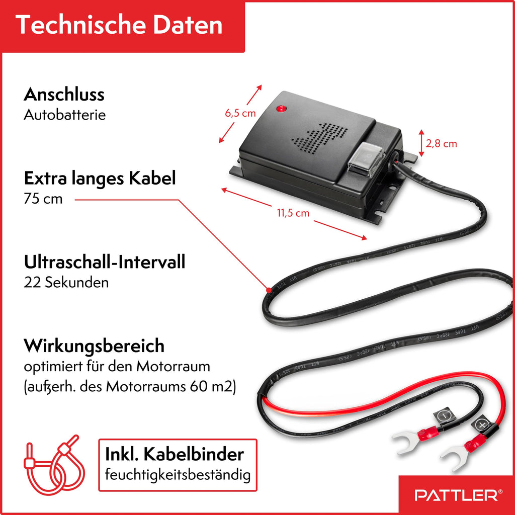 PATTLER® Marderschreck Auto - Marderabwehr mit Ultraschall. Anschluss an 12V Autobatterie. Sofortiger & Langfristiger Marderschutz im Motorraum