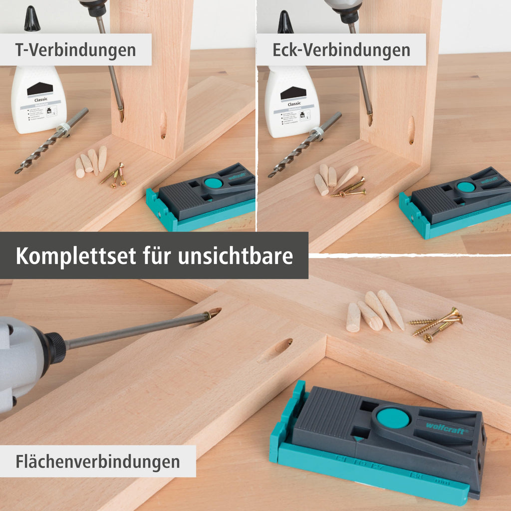 wolfcraft Undercover Jig Set - 4642000 – Bohrschablone und Zubehör für versteckte Holzverbindungen, unsichtbares Verschrauben im Möbelbau - Taschenlochbohrungen - Made in Europe